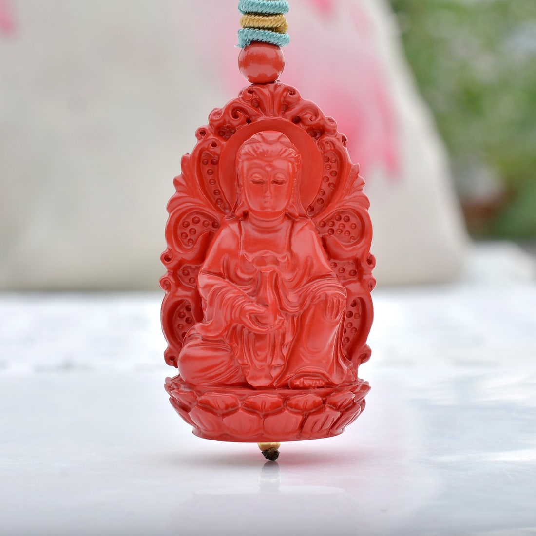 An Exquisite Cinnabar Avalokitesvara Pendant: An Exquisite Cinnabar Avalokitesvara Pendant,Size:1.1inx1.8in (寓意)吉祥招财喜庆、驱邪避凶