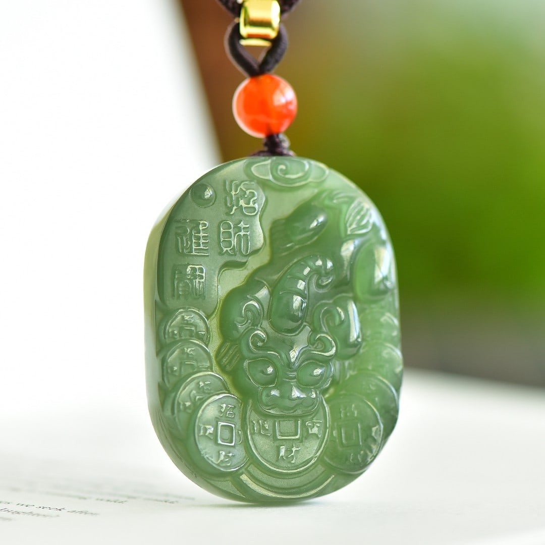 An Exquisite Greenish Jade Wealth-Attracting Creature Pendant: An Exquisite Greenish Jade Wealth-Attracting Creature Pendant,Size:1.4inx1.9in 青玉貔貅挂件