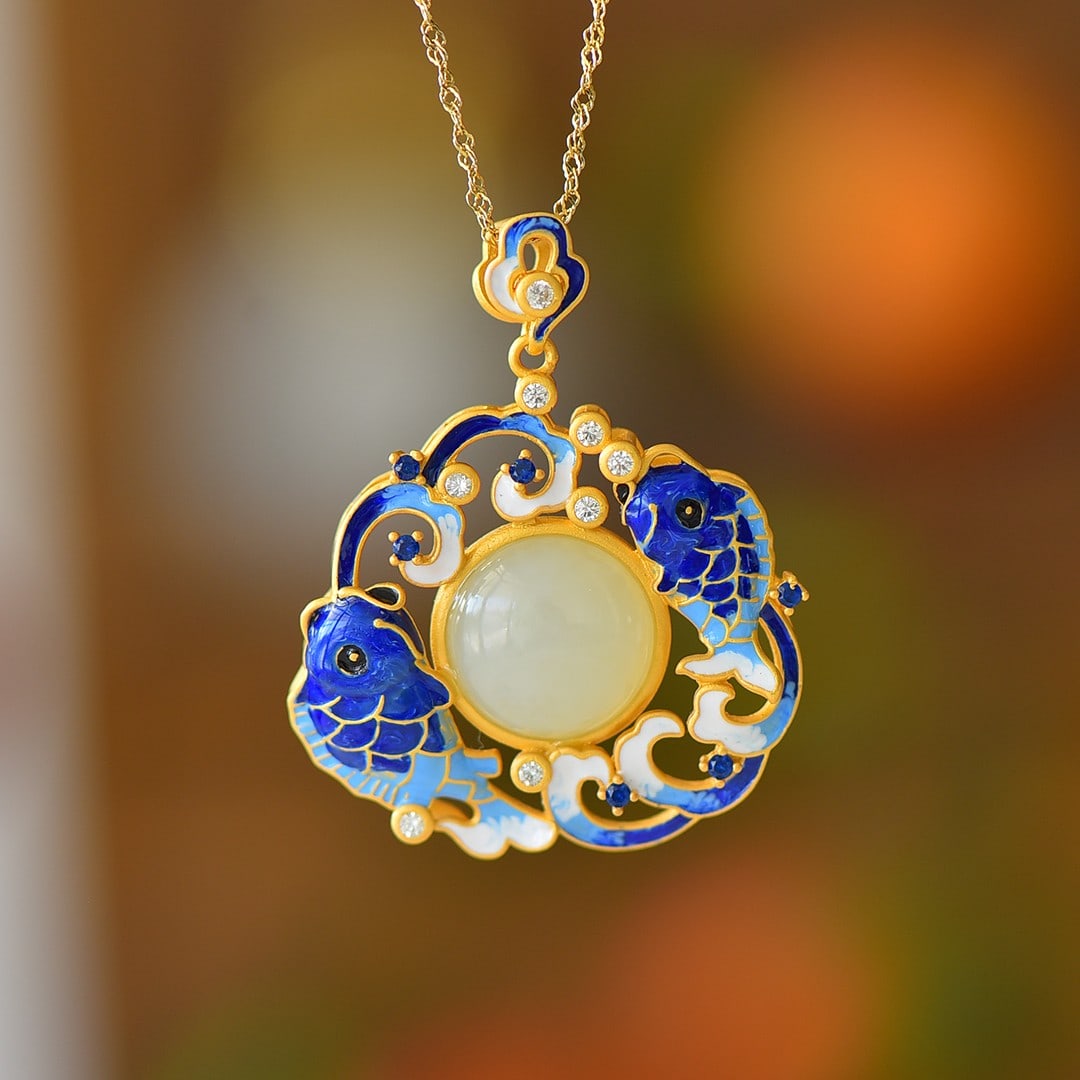An Exquisite Sterling Silver-Gold Plated Inlaid White Jade Enamel Pendant: An Exquisite Sterling Silver-Gold Plated Inlaid White Jade Enamel Pendant 纯银镀金镶白玉珐琅吊坠