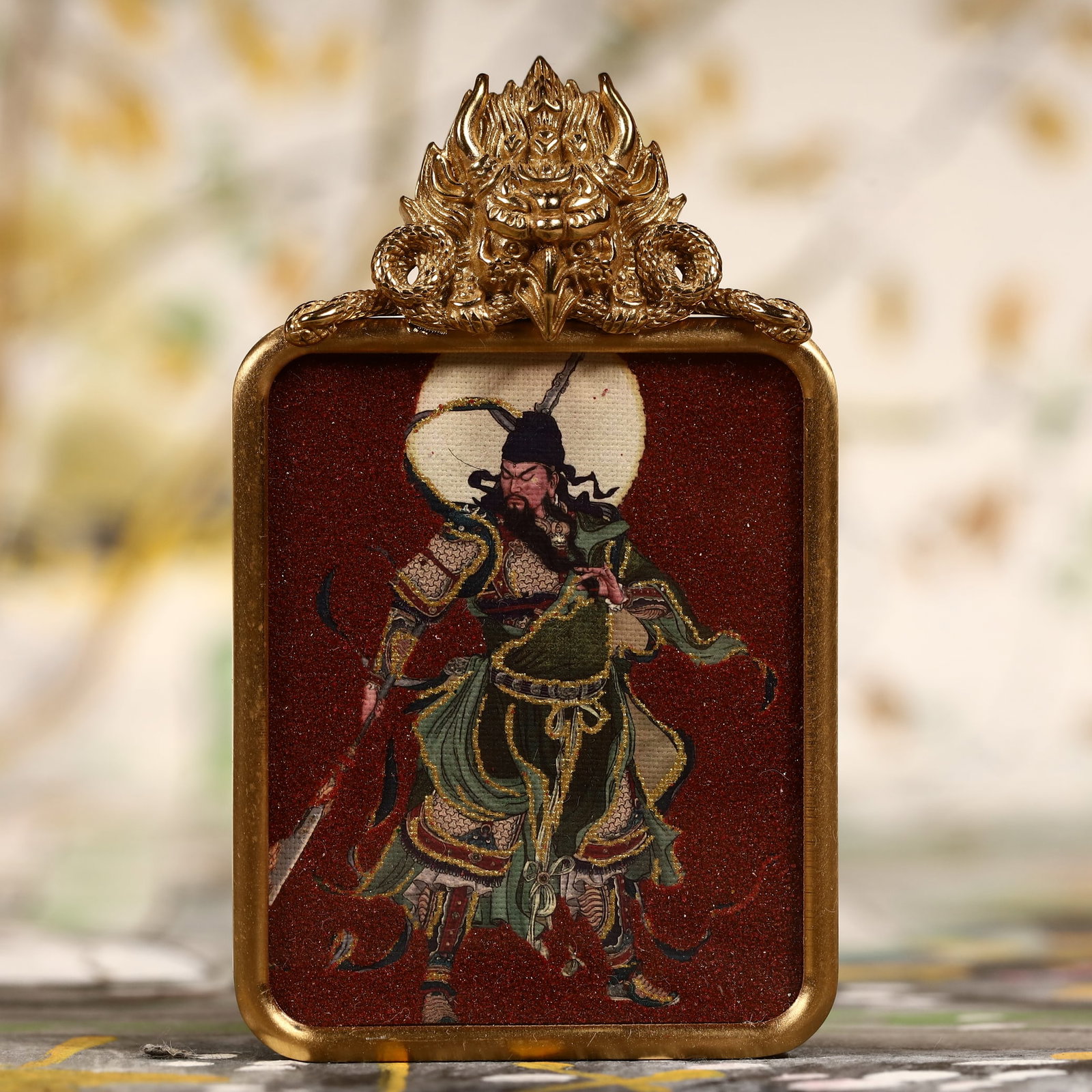 An Exquisite Painted Color Statue of Guan Gong Tangka: An Exquisite Painted Color Statue of Guan Gong Tangka,Size:2inx2.8in 彩绘关公像唐卡