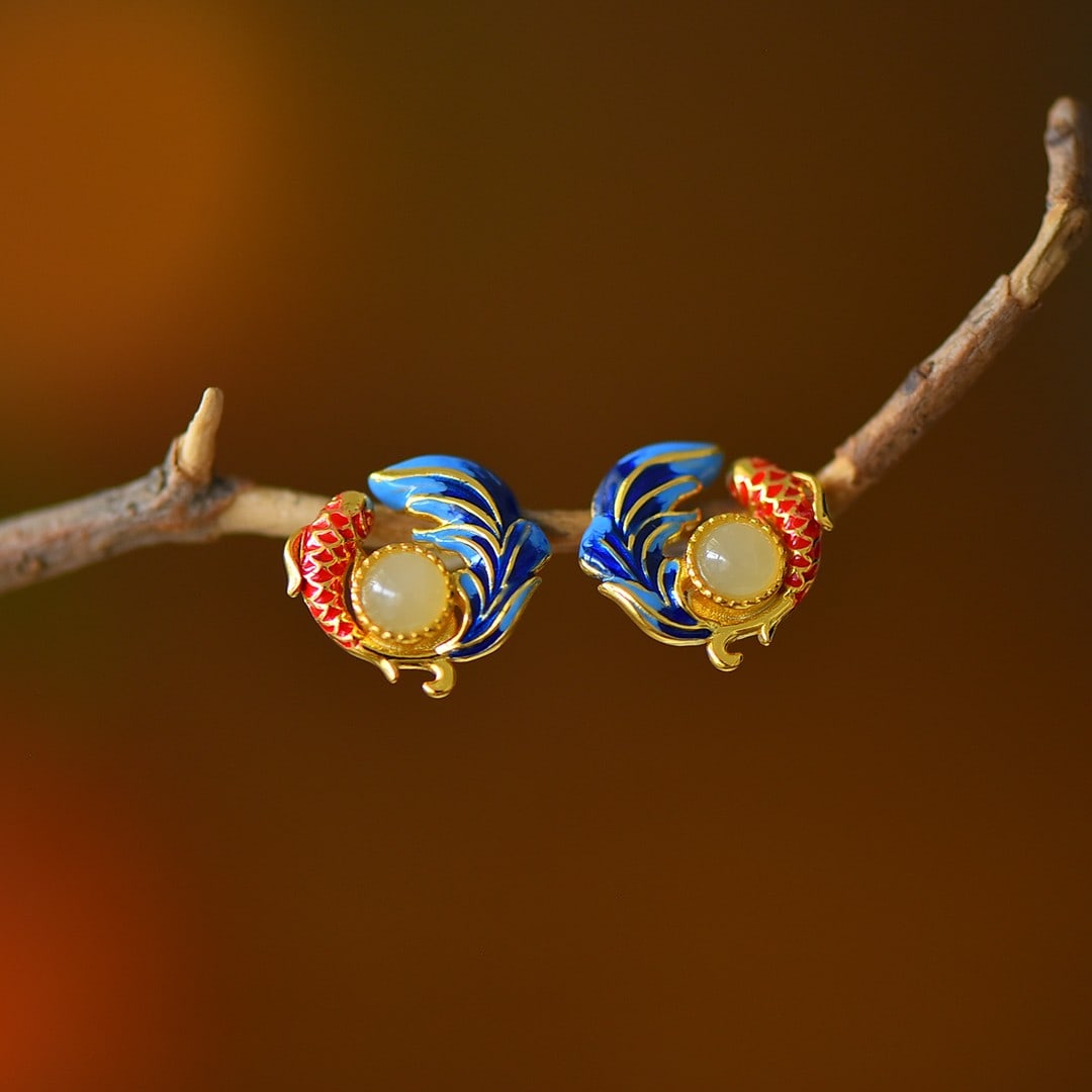 A Pair of Exquisite Sterling Silver-Gold Plated Inlaid White Jade Enamel Earrings: A Pair of Exquisite Sterling Silver-Gold Plated Inlaid White Jade Enamel Earrings 一对纯银镀金镶白玉珐琅耳环