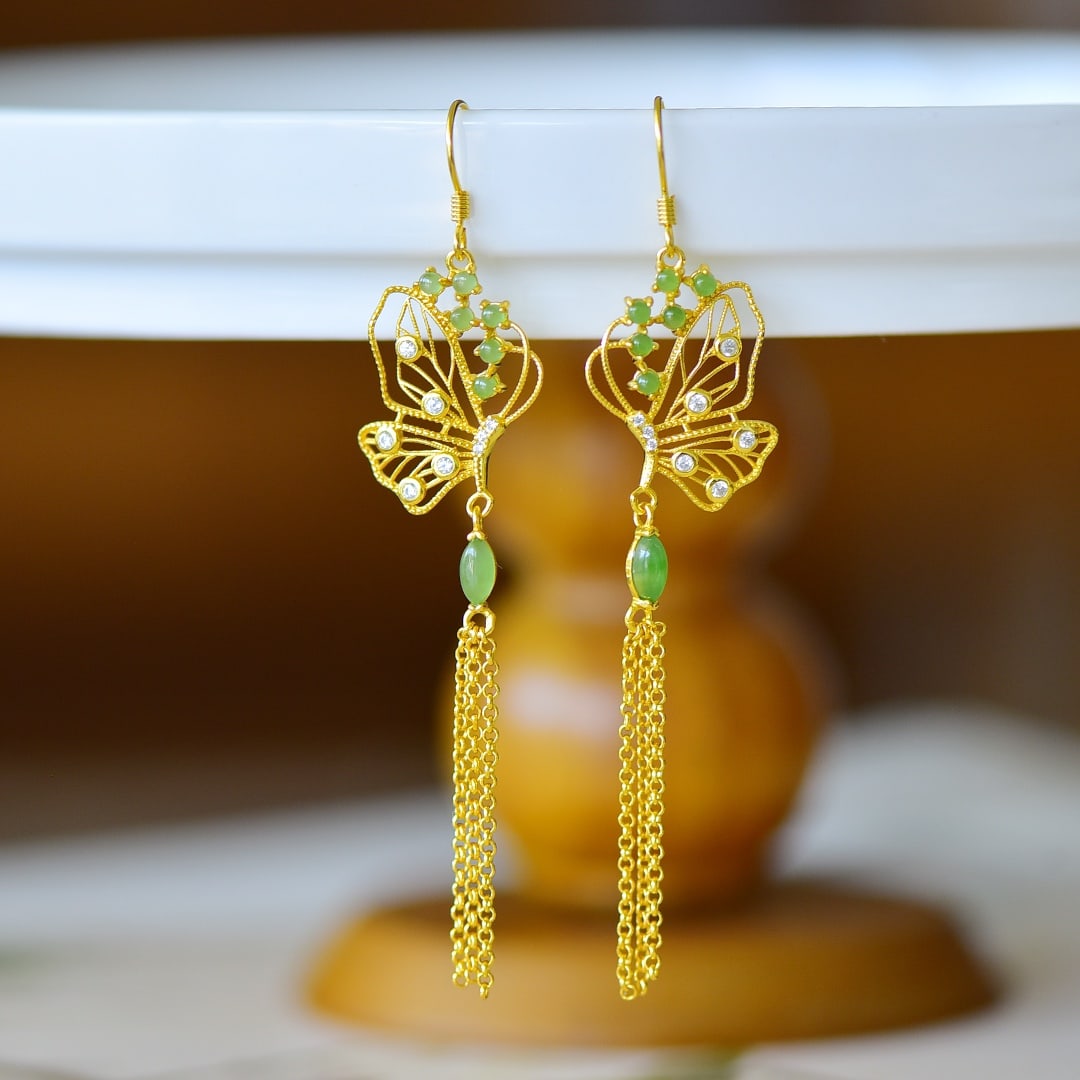 A Pair of Exquisite Sterling Silver-Gold Plated Inlaid Jasper Earrings,Inlaid Diamond (1 of 5)