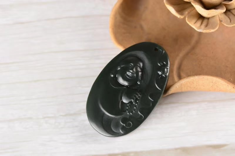 An Exquisite Cyan jade Statue of Maitreya Buddha Pendant: An Exquisite Cyan jade Statue of Maitreya Buddha Pendant 青玉弥勒佛像挂件