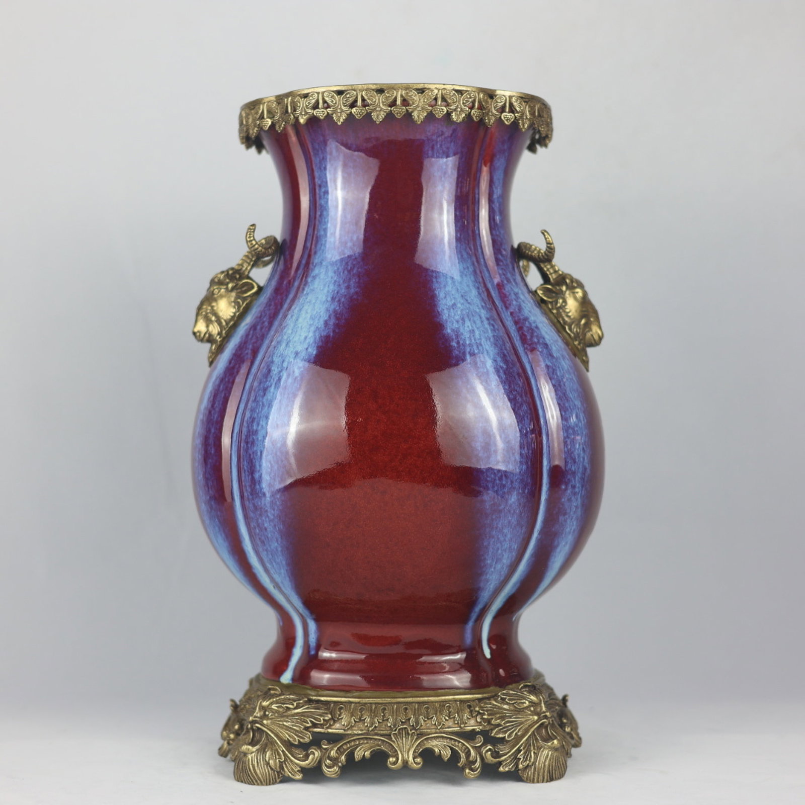 A Huge Flambe Glazed Inlaid Bronze Sheep-Ears Vase: A Huge Flambe Glazed Inlaid Bronze Sheep-Ears Vase,Qing Dynasty,China,Yongzheng Six-character Mark,Size:16.1inx7.9inx10.6inx9.1in 窑变釉镶铜羊耳瓶,È