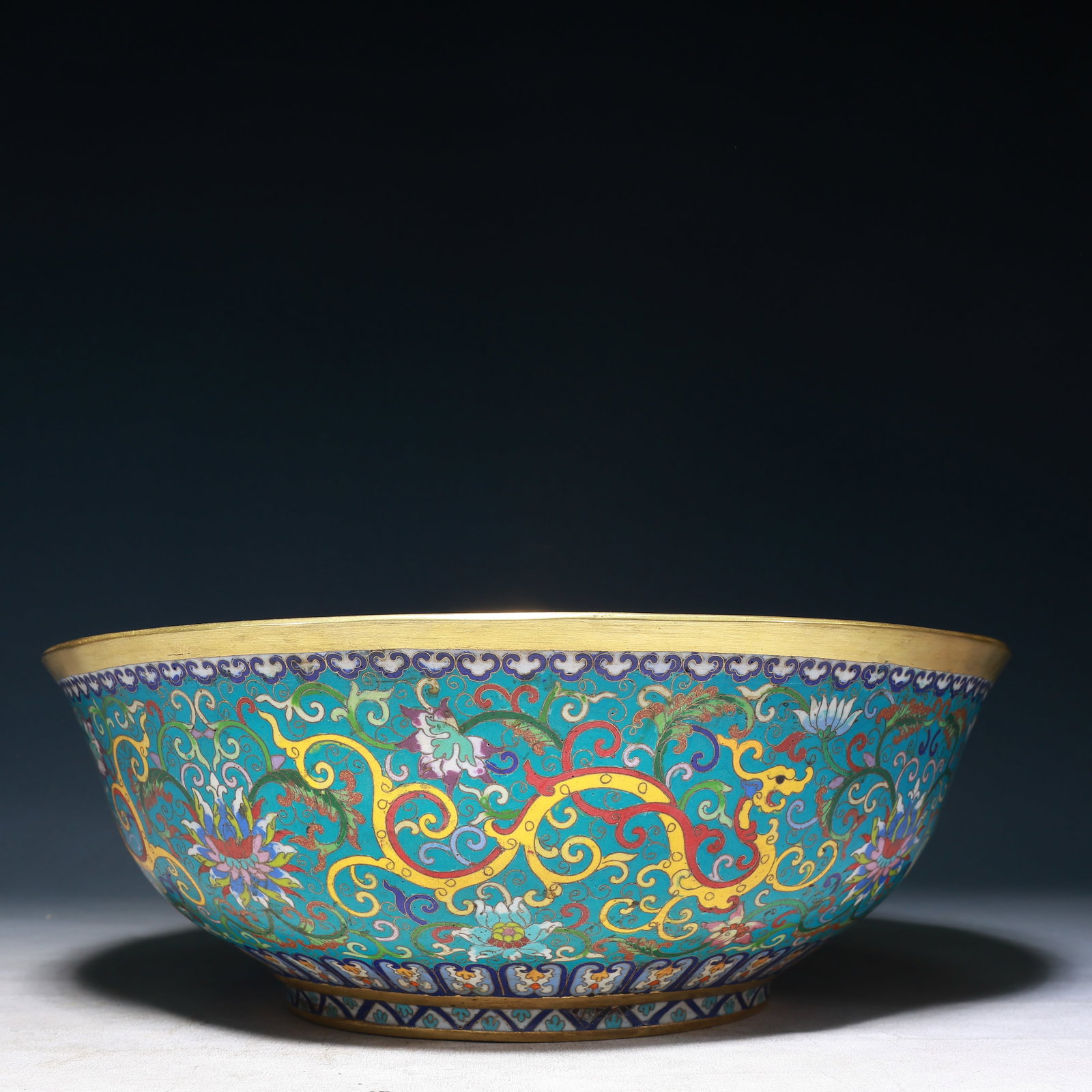 A Rare Cloisonne Lotus and Dragon Pattern Basin: A Rare Cloisonne Lotus and Dragon Pattern Basin,Qing Dynasty, China,Qianlong Four-character Mark,Size:14.2inx5.1in,Weight:9750g 景泰蓝缠枝莲龙纹盆