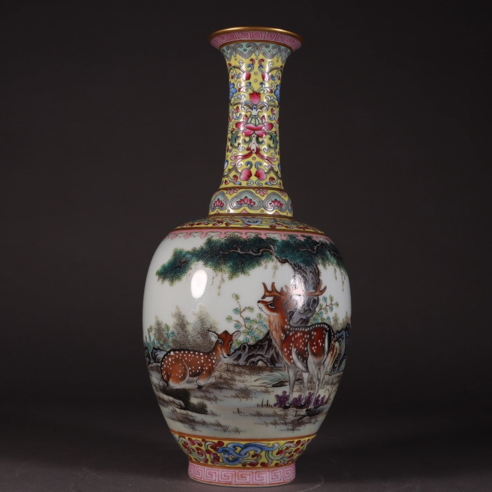 An Exquisite Famille-Rose Painted Gold Pine and Deer Pattern Vase,With Poem: An Exquisite Famille-Rose Painted Gold Pine and Deer Pattern Vase,With Poem,Qing Dynasty, China,Qianlong Six-character Mark,Size:9.4inx2inx2.2in 粉彩描金松鹿纹
