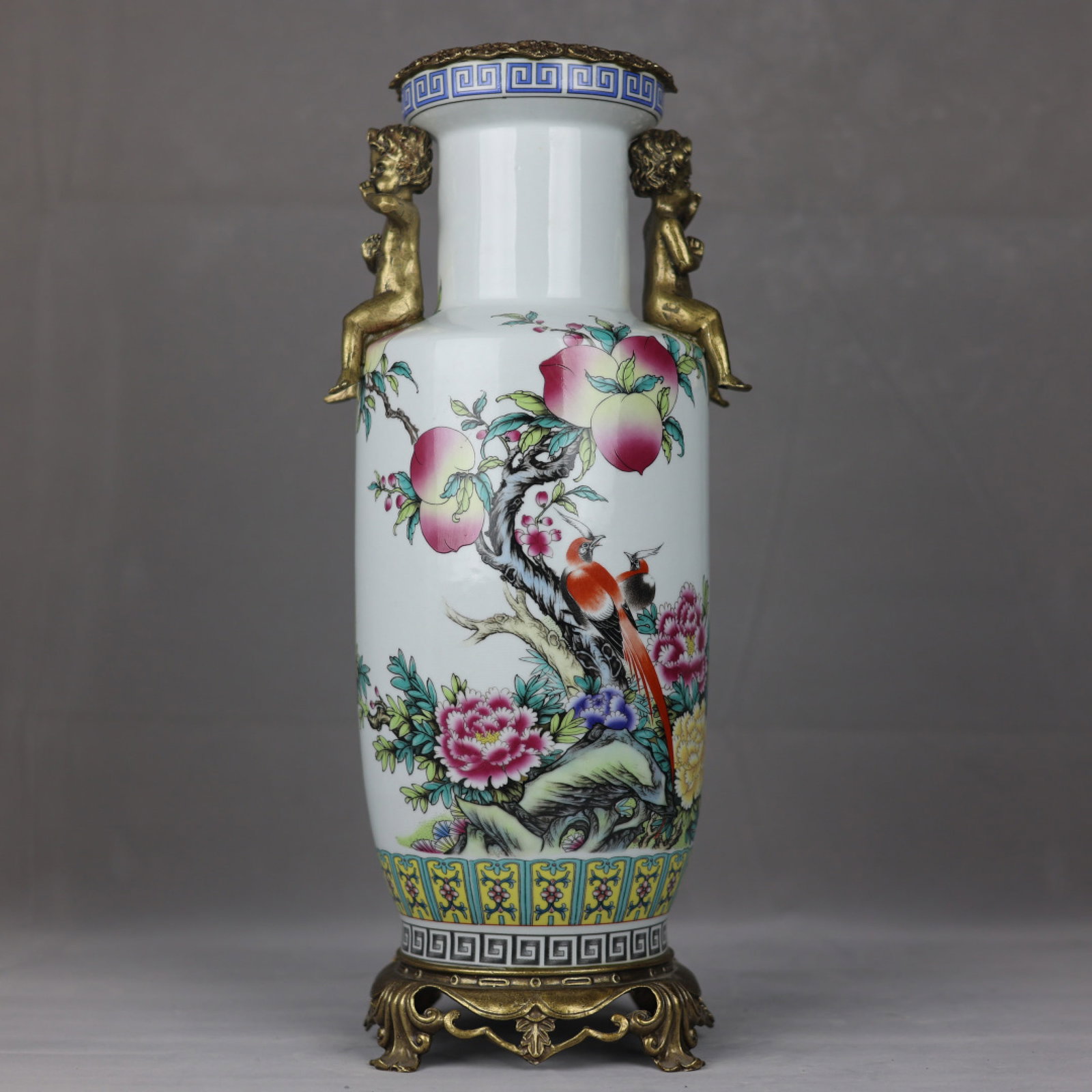 A Huge Famille-Rose Inlaid Bronze Flower,Bird and Fruit Pattern Figure-Ears Vase: A Huge Famille-Rose Inlaid Bronze Flower,Bird and Fruit Pattern Figure-Ears Vase,Qing Dynasty,China,Kangxi Six-character Mark,Size:19.3inx5.7inx7.9inx6.7in 粉彩镶铜花(