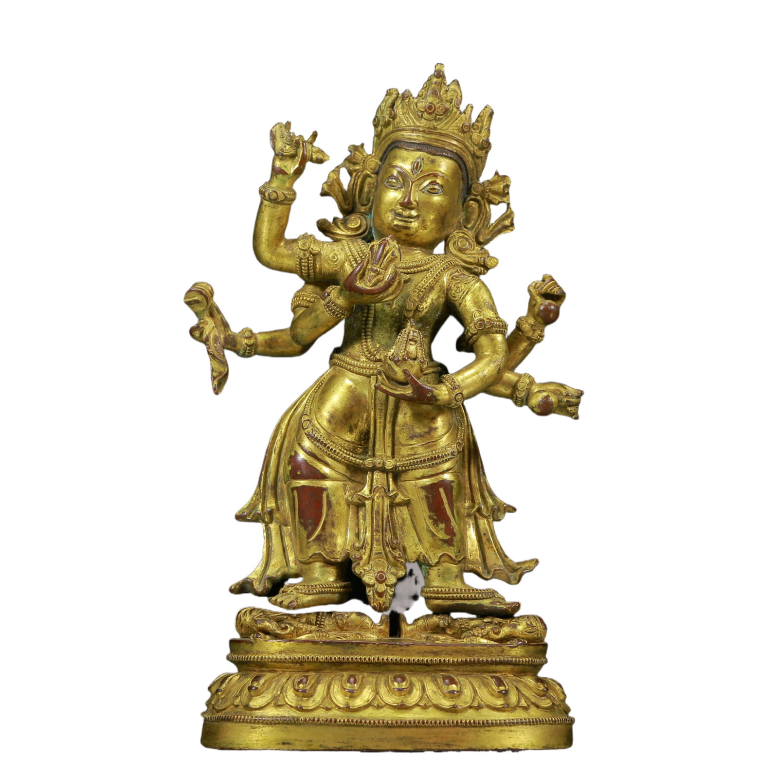A Solemn Gilt Bronze Six-Armed Buddha: A Solemn Gilt Bronze Six-Armed Buddha,Ming Dynasty, China,Size: 4.3inx2.4inx7.9in,Weight:1165g 铜鎏金六臂佛像，明代
