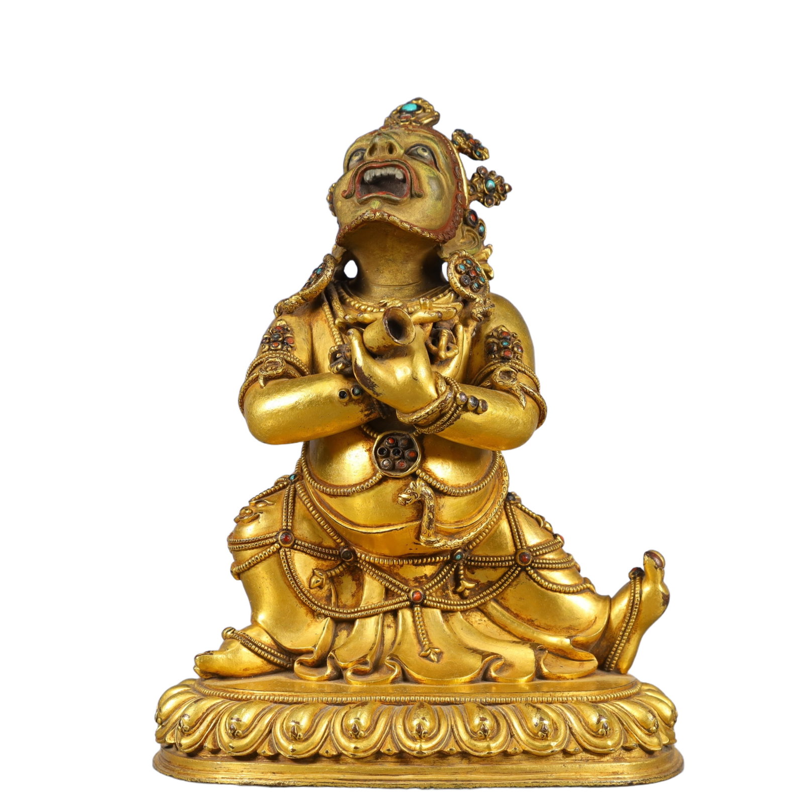 A Solemn Gilt Bronze Statue of Vajra,Inlaid Gems and Turquoise: A Solemn Gilt Bronze Statue of Vajra,Inlaid Gems and Turquoise,Qing Dynasty, China,Size:6.7inx4.9inx8.7in,Weight:3150g 铜鎏金金刚像,嵌宝石绿