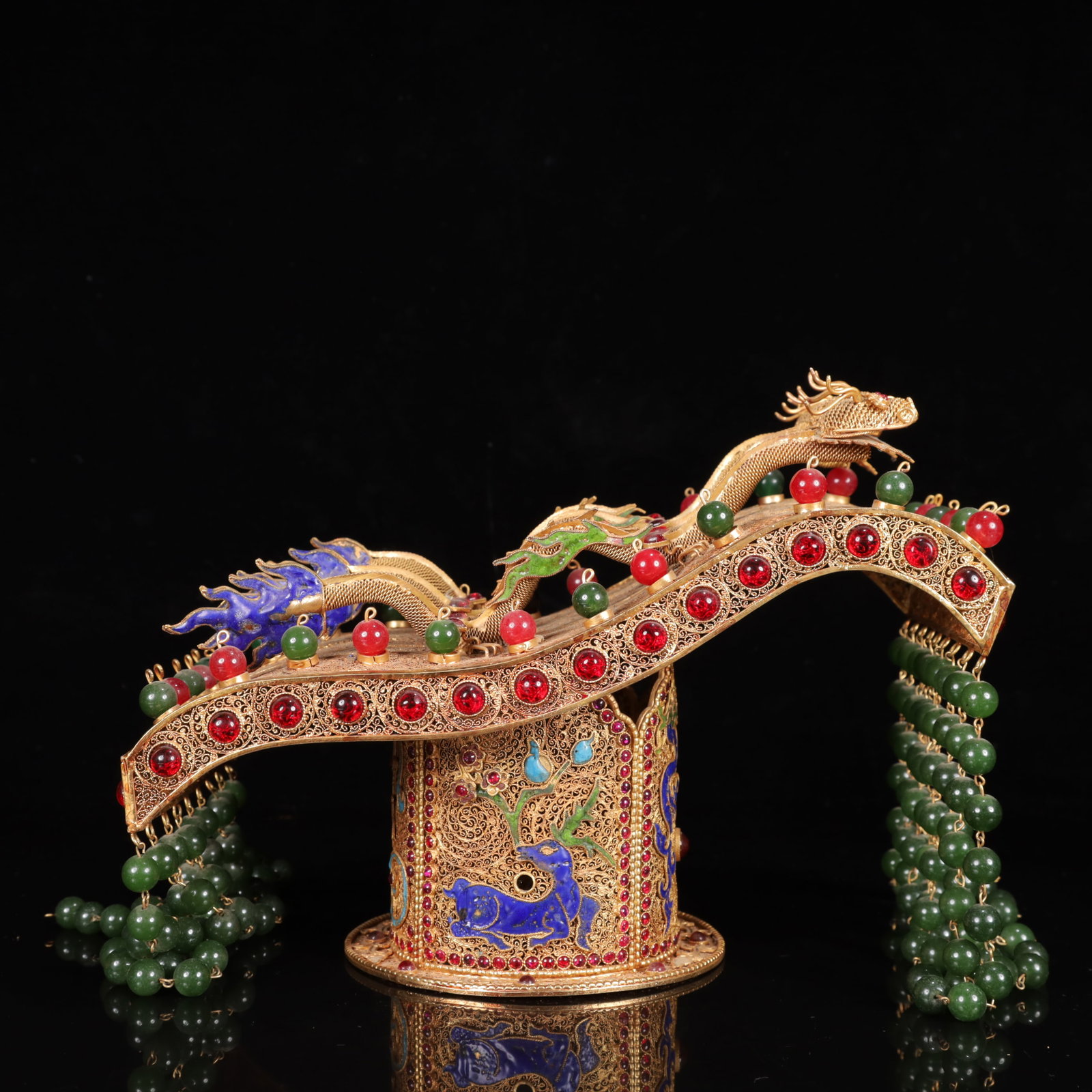 An Exquisite Filigree and Gilding Bronze Dragon Coronet,Inlaid Gems: An Exquisite Filigree and Gilding Bronze Dragon Coronet,Inlaid Gems,Qing Dynasty,China,Size:11.4inx6.3inx8.3in,Weight:1800g 铜掐丝鎏金龙冠,嵌宝