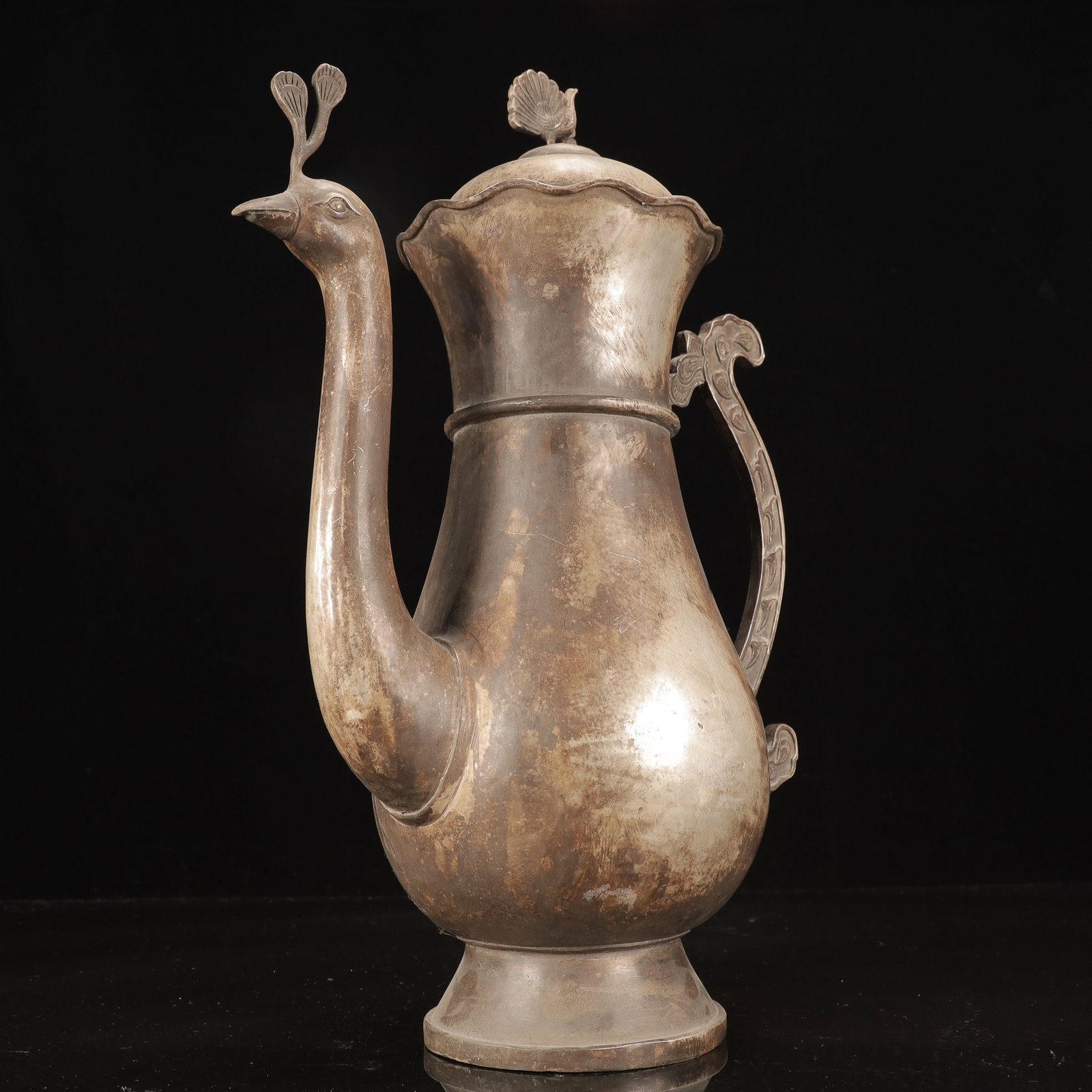 A Huge Silver-Plated Bronze Peacock Pattern Ewer - 10