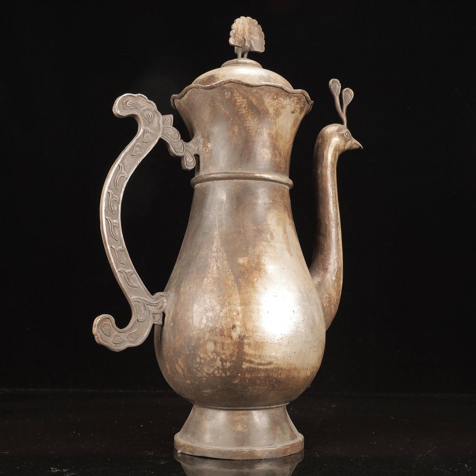 A Huge Silver-Plated Bronze Peacock Pattern Ewer - 6