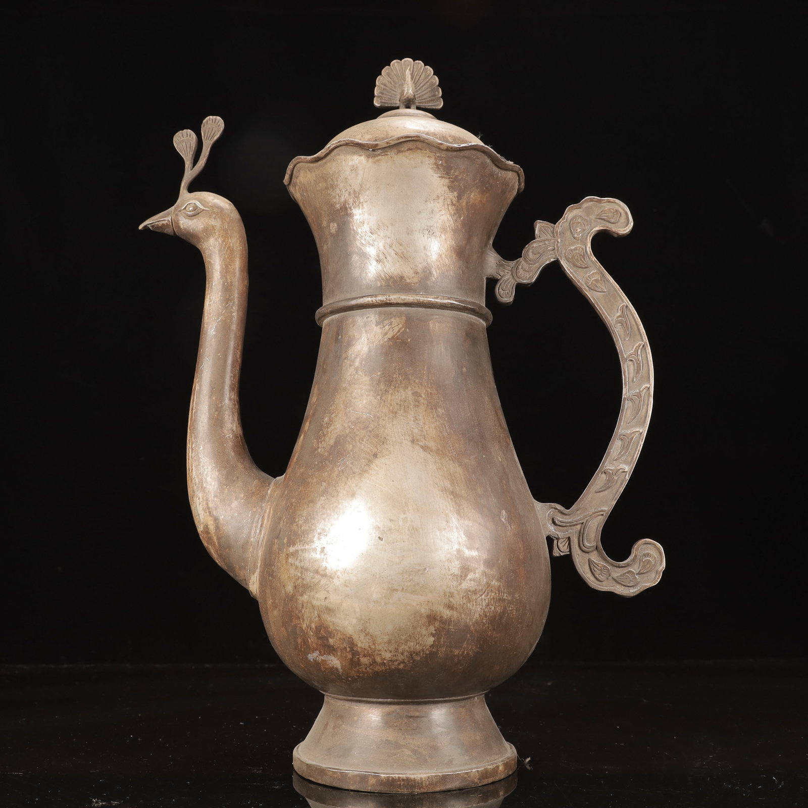 A Huge Silver-Plated Bronze Peacock Pattern Ewer - 9