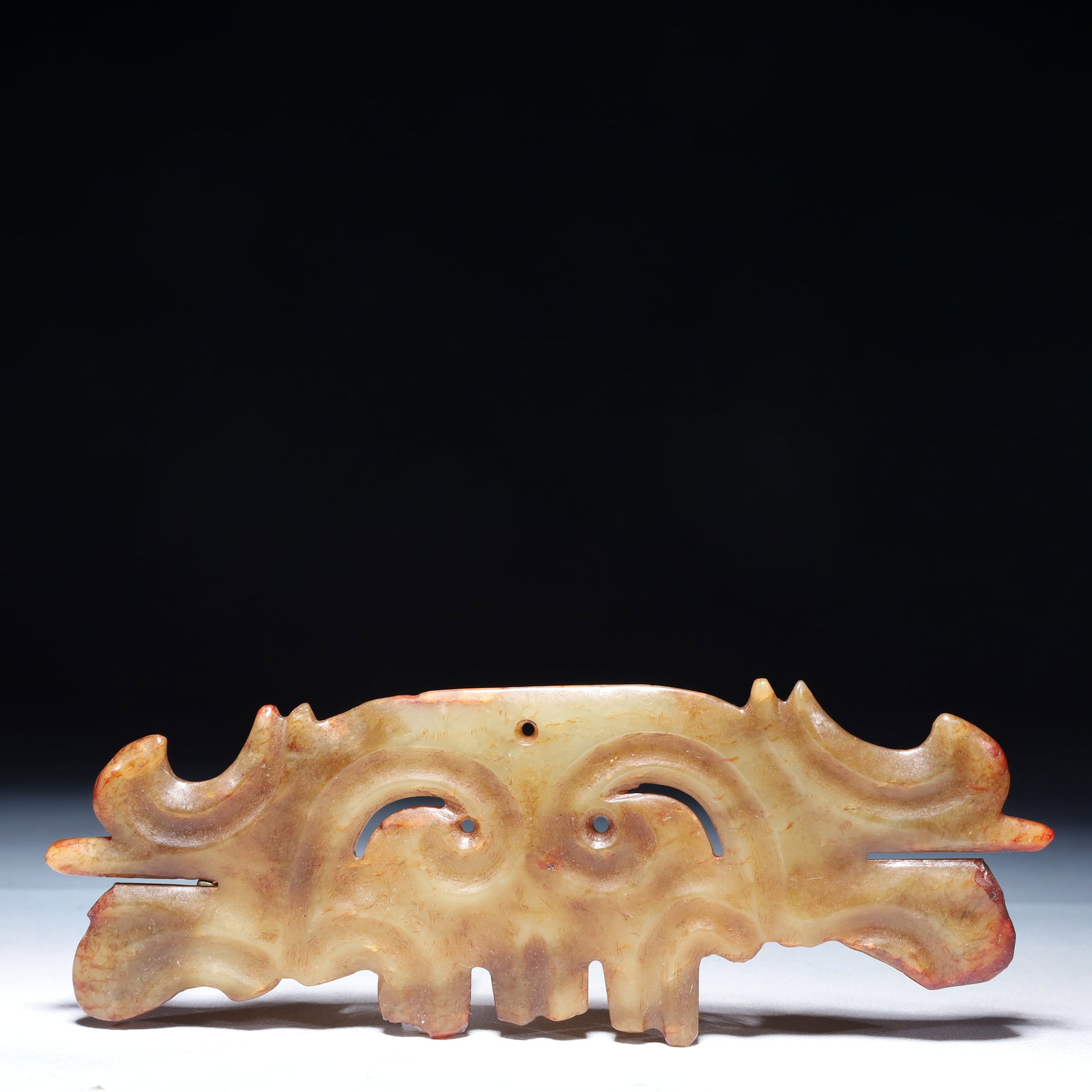An Archaic Hongshan Culture White Jade Beast-Face Pattern Pendant: An Archaic Hongshan Culture White Jade Beast-Face Pattern Pendant,Ancient Time,China,Size:6.7inx2.4in,Weight:3.71g 红山文化白玉兽面纹挂Ê
