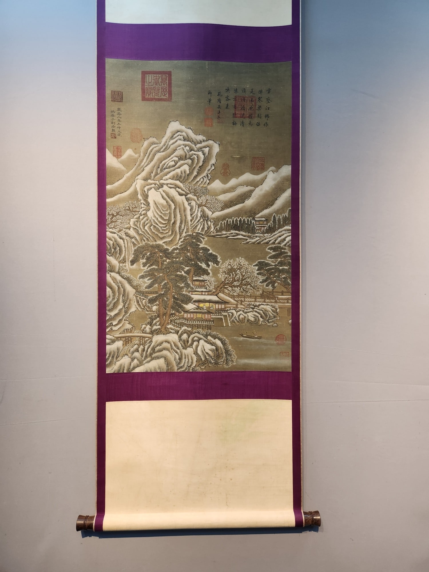 A Chinese Vertical Scroll Ink Painting of Landscape and Figure on Silk,Jin Hao: A Chinese Vertical Scroll Ink Painting of Landscape and Figure on Silk,Jin Hao,Size:(Without frame)33.5inx19.7in 一幅中国水墨绢本山水人
