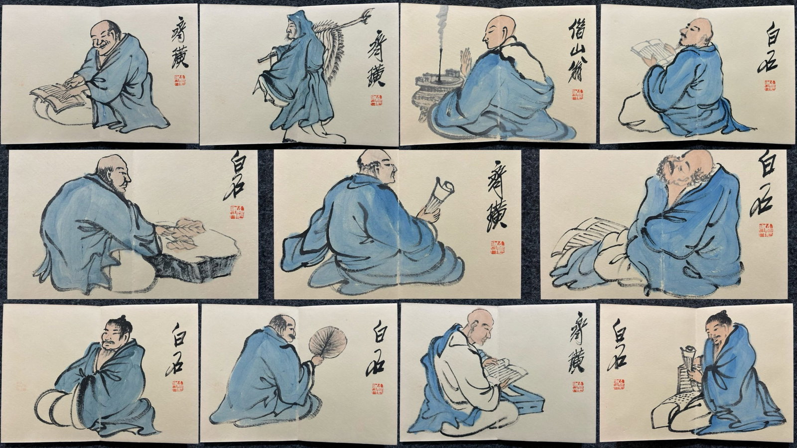 A Chinese Album Ink Painting of Figure on Paper,Qi Baishi: A Chinese Album Ink Painting of Figure on Paper,Qi Baishi,Size:(Entirety)6.7inx4.7in 一本中国水墨人物画画册,齐白石