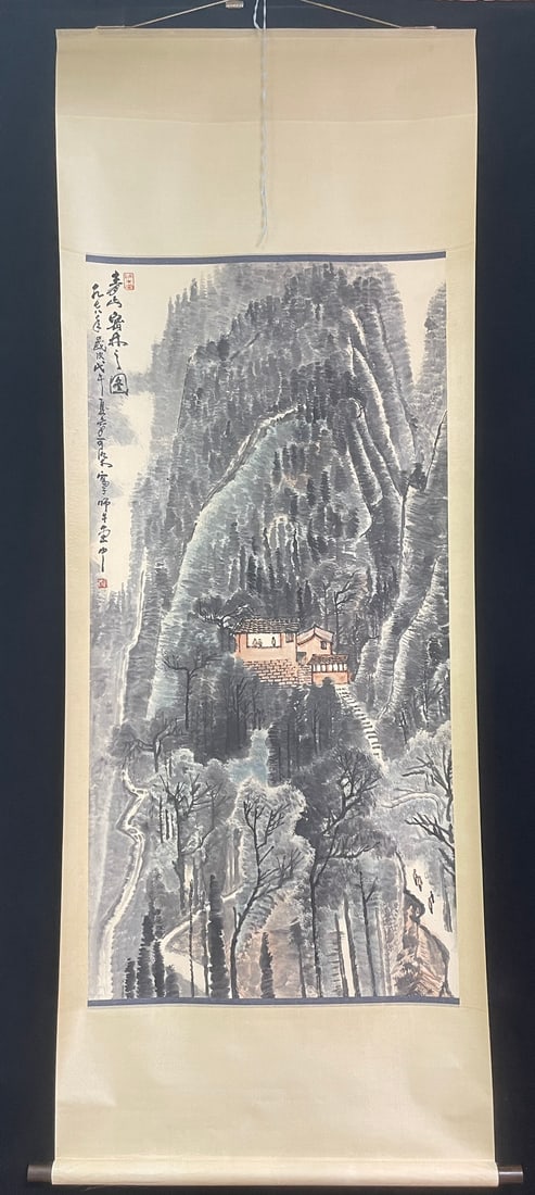 A Chinese Vertical Scroll Ink Painting of Landscape on Paper,Li Keran: A Chinese Vertical Scroll Ink Painting of Landscape on Paper,Li Keran,Size:26.8inx53.9in 一幅中国水墨山水画立轴,李可੡