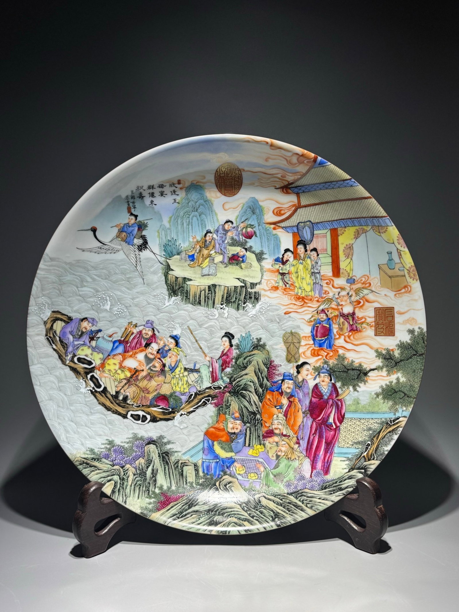 A Huge Enamel Landscape and Figure Pattern Plate,With Poem: A Huge Enamel Landscape and Figure Pattern Plate,With Poem,Qing Dynasty,China,Qianlong Four-character Mark,Size:19.9inx3.5in 珐琅彩山水人物纹盘,&#