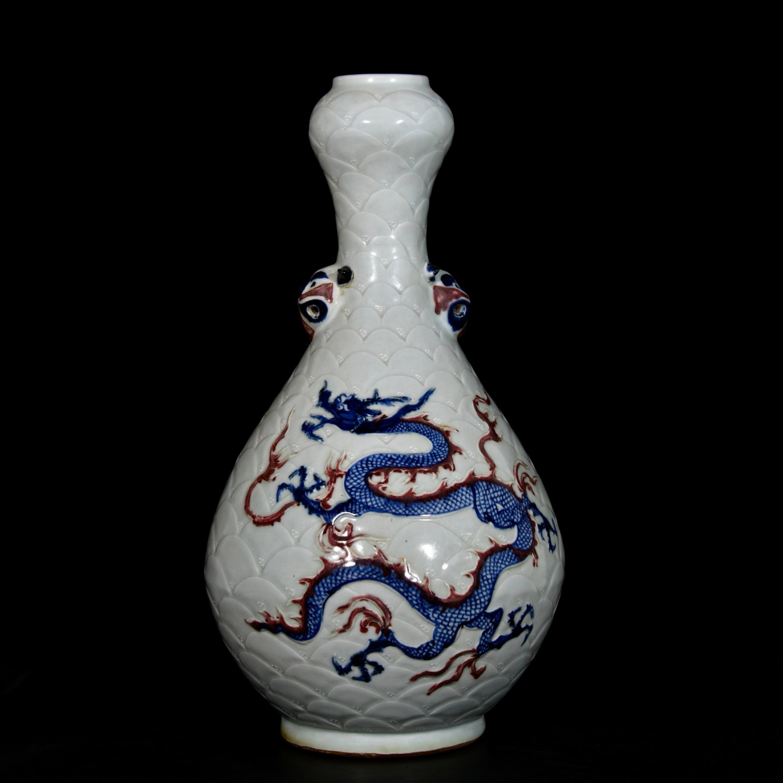 A Huge Blue and White Underglaze-Red Seawater and Dragon Pattern Beast-Ears Vase: A Huge Blue and White Underglaze-Red Seawater and Dragon Pattern Beast-Ears Vase,Yuan Dynasty, China,Size:15.7inx9.8in