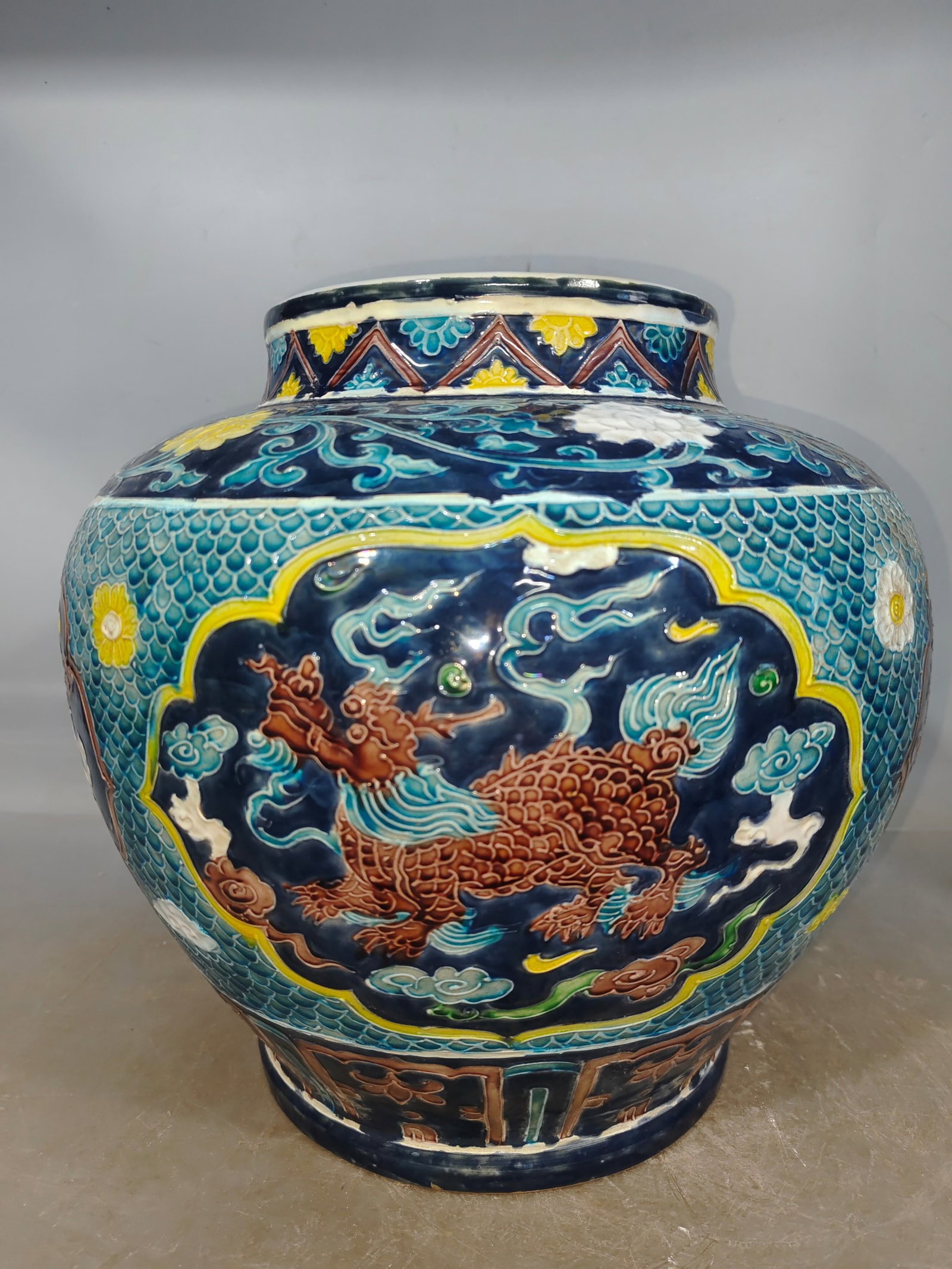 A Rare Fahua Glazed Kylin Dragon and Phoenix Pattern Vase: A Rare Fahua Glazed Kylin Dragon and Phoenix Pattern Vase,Qing Dynasty,China,Size:9.8inx12.2in 珐华彩麒麟龙凤纹瓶,中国清代