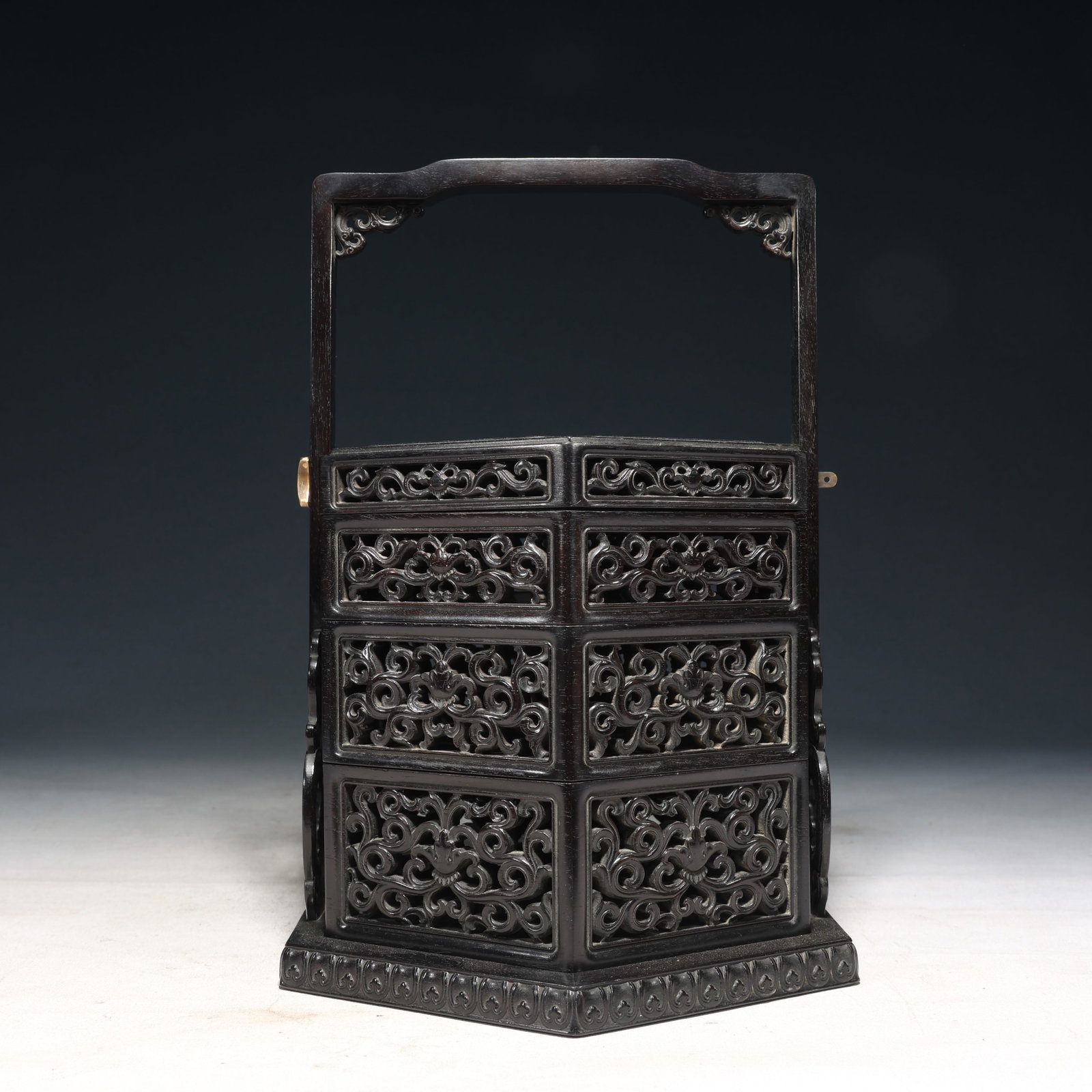 An Exquisite Zitanwood Hollow Lotus Pattern Tiered box: An Exquisite Zitanwood Hollow Lotus Pattern Tiered box,Qing Dynasty,China,Size:7.1inx7.5inx6.9in,Weight:1350g 紫檀木镂空缠枝莲纹提盒,&