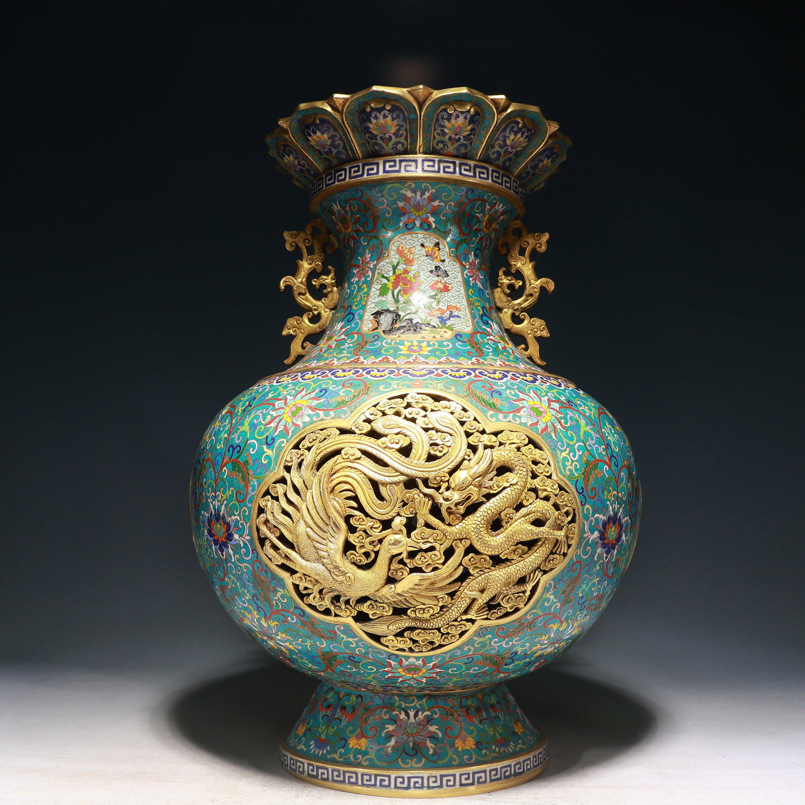 A Huge Cloisonne Hollow Lotus,Dragon and Phoenix Pattern Dragon-Ears Vase: A Huge Cloisonne Hollow Lotus,Dragon and Phoenix Pattern Dragon-Ears Vase,Qing Dynasty, China,Qianlong Six-character Mark,Size:13inx20.1in,Weight:21500g 景泰蓝镂空缠