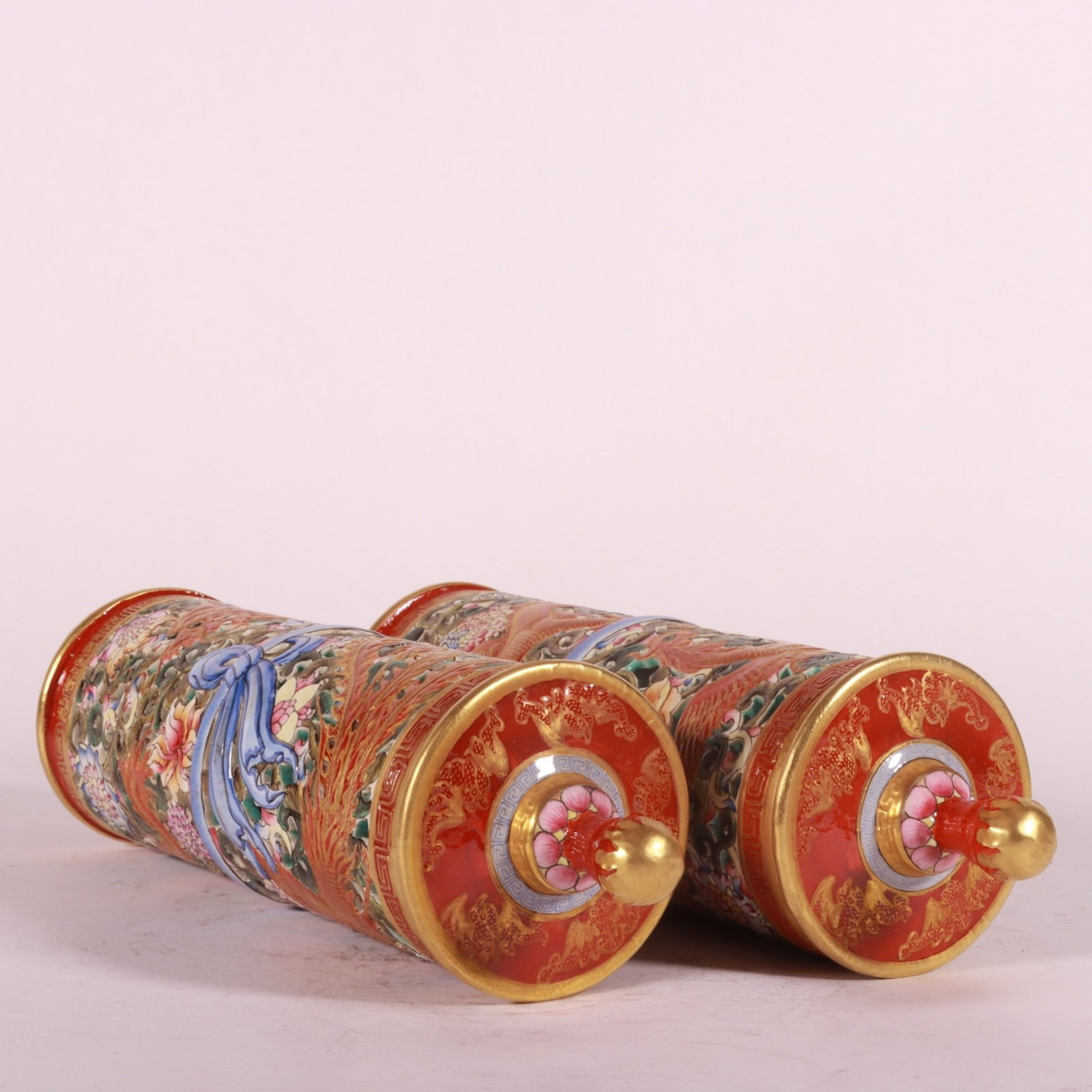 A Rare Enamel Hollow Lotus,Dragon and Phoenix Pattern Jar with Cover: A Rare Enamel Hollow Lotus,Dragon and Phoenix Pattern Jar with Cover,Qing Dynasty, China,Qianlong Six-character Mark,Size:12.2inx3.1inx3.1in 珐琅彩镂空缠枝