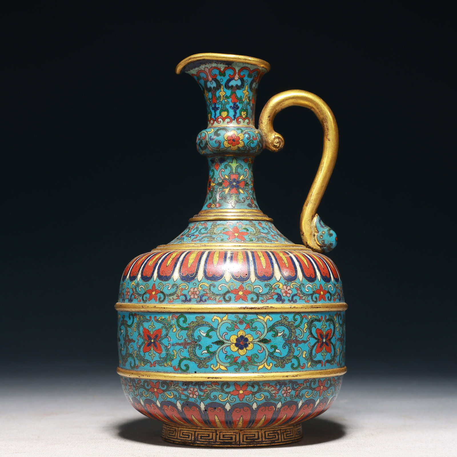 An Exquisite Cloisonne Lotus Pattern Pot: An Exquisite Cloisonne Lotus Pattern Pot,Qing Dynasty,China,Qianlong Four-character Mark,Size:4.7inx8.3in,Weight:900g 景泰蓝缠枝莲纹壶,中国&