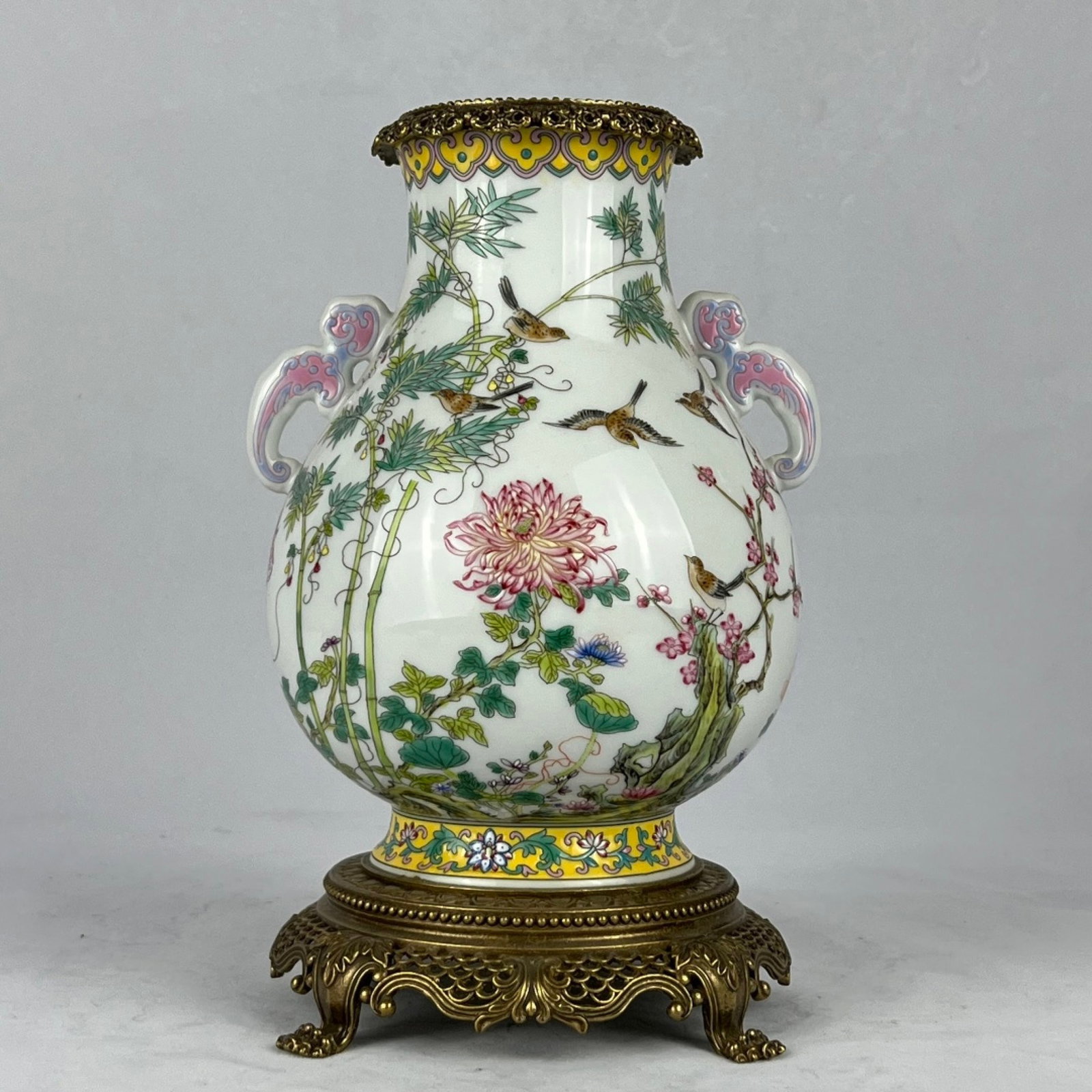 An Exquisite Enamel Inlaid Bronze Flower and Bird Pattern Double-Ears Vase,With Poem: An Exquisite Enamel Inlaid Bronze Flower and Bird Pattern Double-Ears Vase,With Poem,Qing Dynasty,China,Yongzheng Four-character Mark,Size:10inx3.7inx6.7inx5.9in 珐琅彩镶໢
