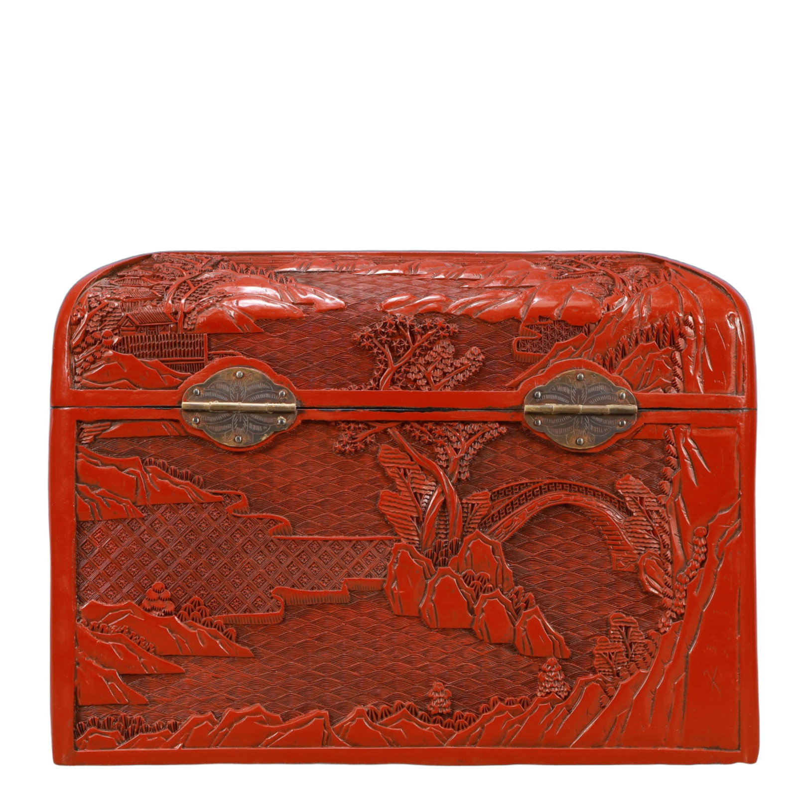 A Rare Carved Red Lacquer Landscape Pattern Box - 4