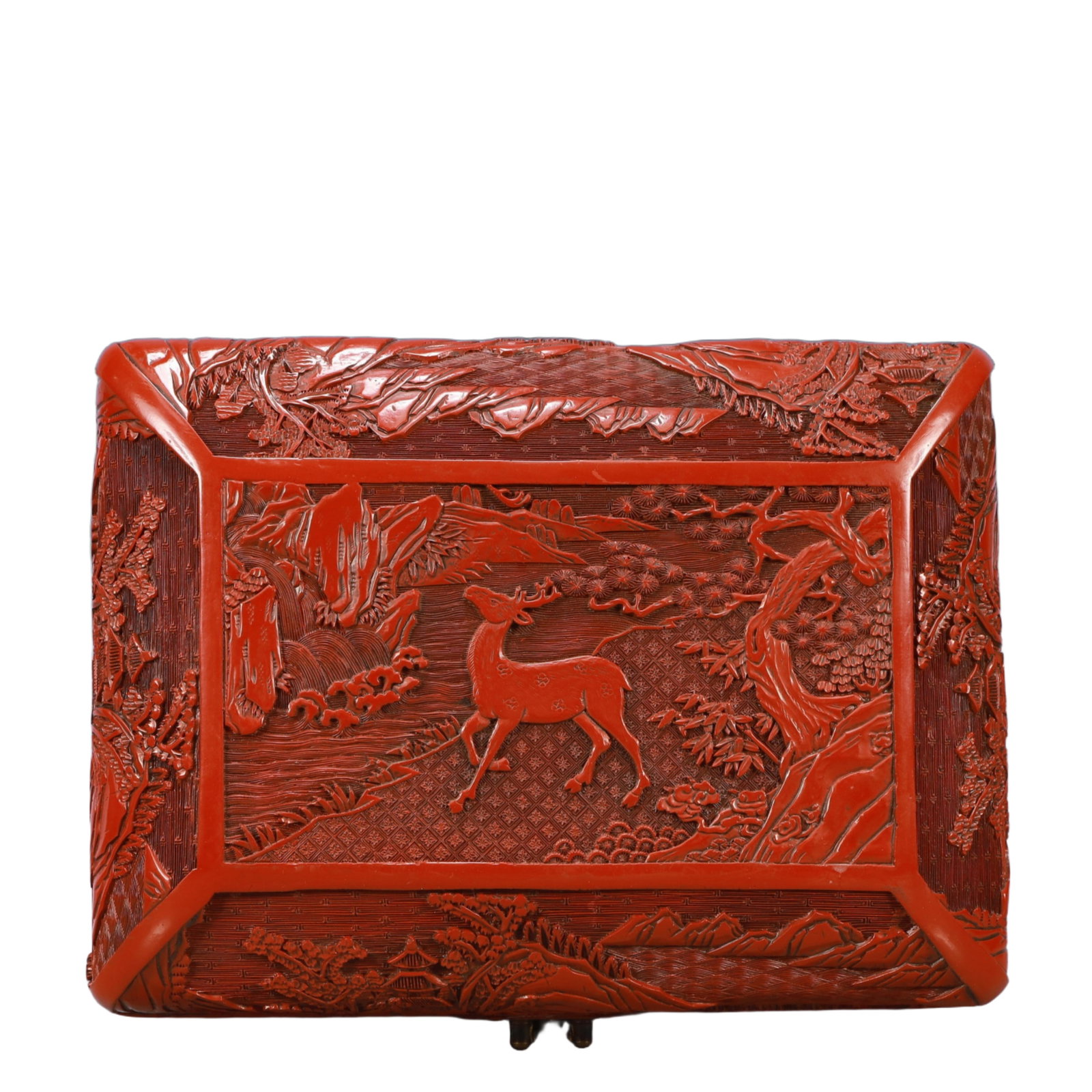 A Rare Carved Red Lacquer Landscape Pattern Box - 6