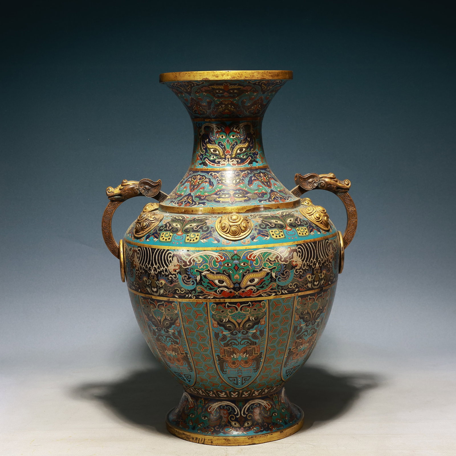 A Huge Cloisonne Beast-Face Pattern Beast-Ears Vase: A Huge Cloisonne Beast-Face Pattern Beast-Ears Vase,Qing Dynasty, China,Size:15.7inx13.8inx22.8in,Weight:8950g 景泰蓝兽面纹兽耳瓶,中国