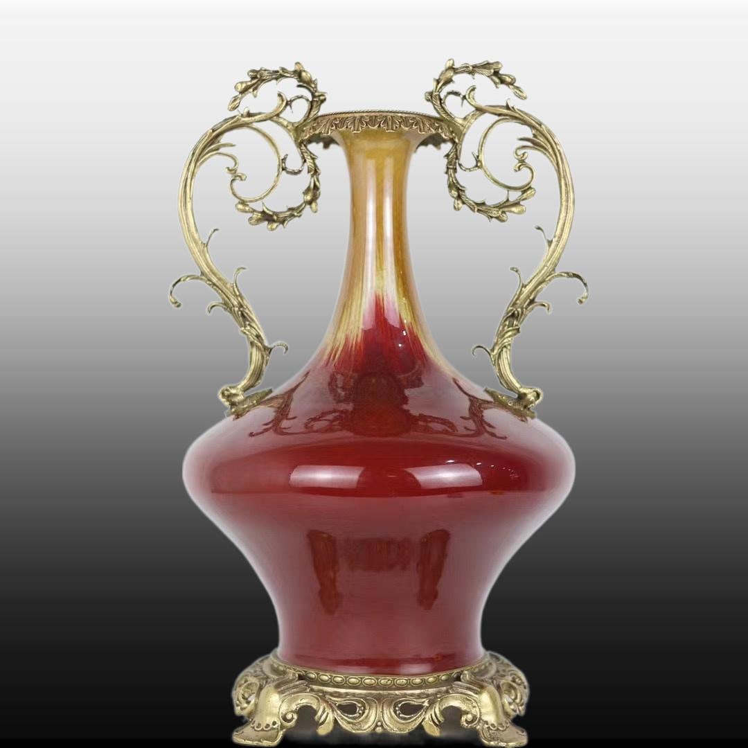 A Exquisite Flambe Glaze Copper Inlay Double-Ears Vase: A Exquisite Flambe Glaze Copper Inlay Double-Ears Vase,Qing Dynasty, China,Qianlong Six-character Mark,Size:18.1inx4.1inx10.6inx7.7in