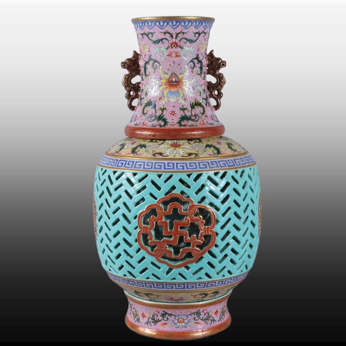 A Exquisite Yangcai Yellow Ground Hollow Lotus Pattern Vase: A Exquisite Yangcai Yellow Ground Hollow Lotus Pattern Vase,Qing Dynasty, China,Qianlong Six-character Mark,Size:15.4inx3.9inx7.9inx5.3in