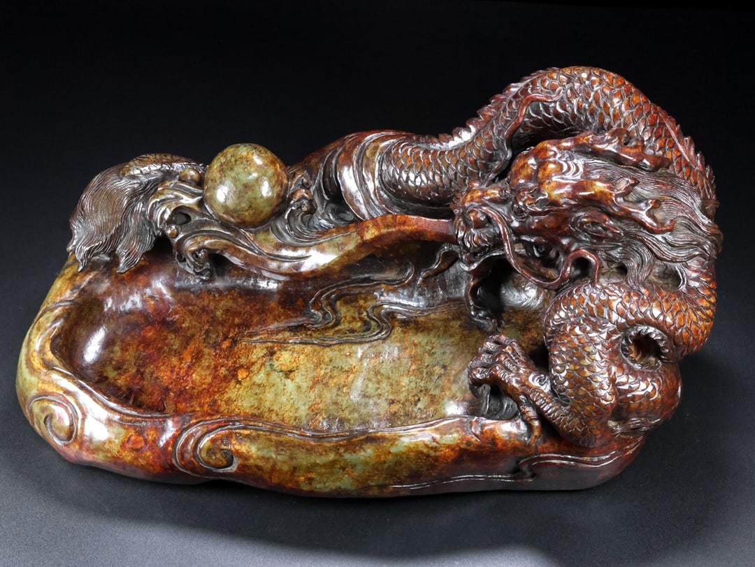 A Exquisite Hotan Jade Dragon Brush Washer: A Exquisite Hotan Jade Dragon Brush Washer,Han Dynasty, China,Size:15.7inx9.1inx7.5in,Weight:15000g 和田玉龙笔洗,中国汉代