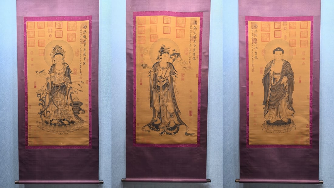 A Set of Chinese Vertical Scroll Ink Paintings of Buddha Statues on Silk: A Set of Chinese Vertical Scroll Ink Paintings of Buddha Statues on Silk,Song Dynasty, China,Emperor Huizong of Song,without frame size:27.2inx55in