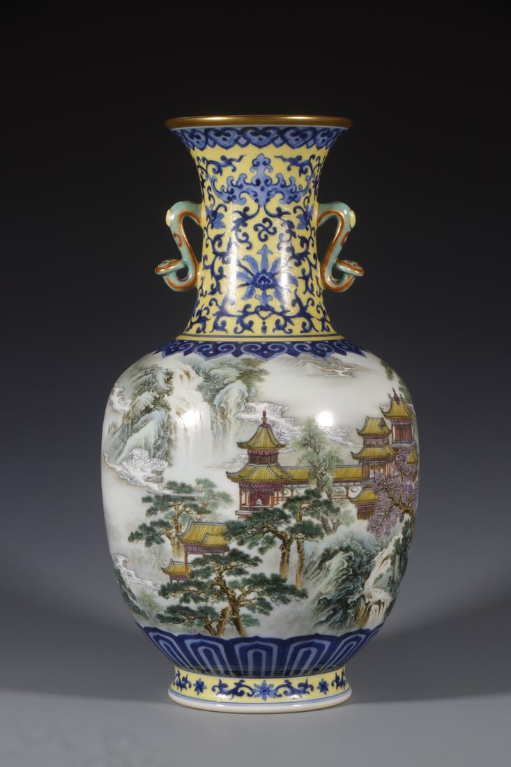 A Exquisite Blue and White Doucai Landscape Pattern Vase: A Exquisite Blue and White Doucai Landscape Pattern Vase,Qing Dynasty, China,Qianlong Six-character Mark,Size:13inx4.1inx4.1in