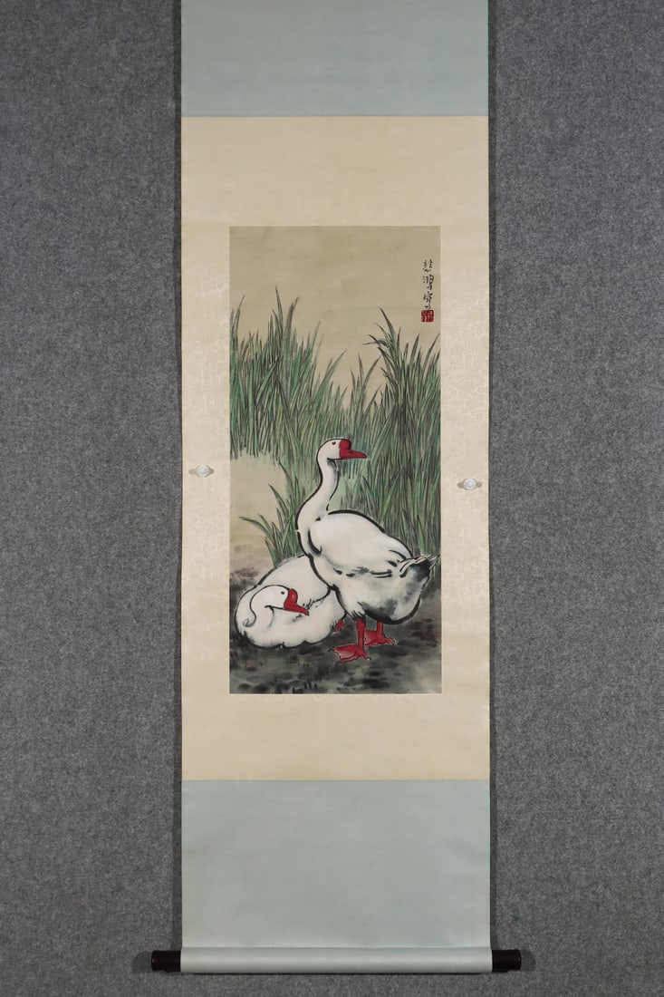 A Chinese Vertical Scroll Ink Painting of Goose on Paper: A Chinese Vertical Scroll Ink Painting of Goose on Paper,Modern Time of China,Xu Beihong,without frame size:29.9inx13.4in 一幅中国水墨纸本鹅ஹ