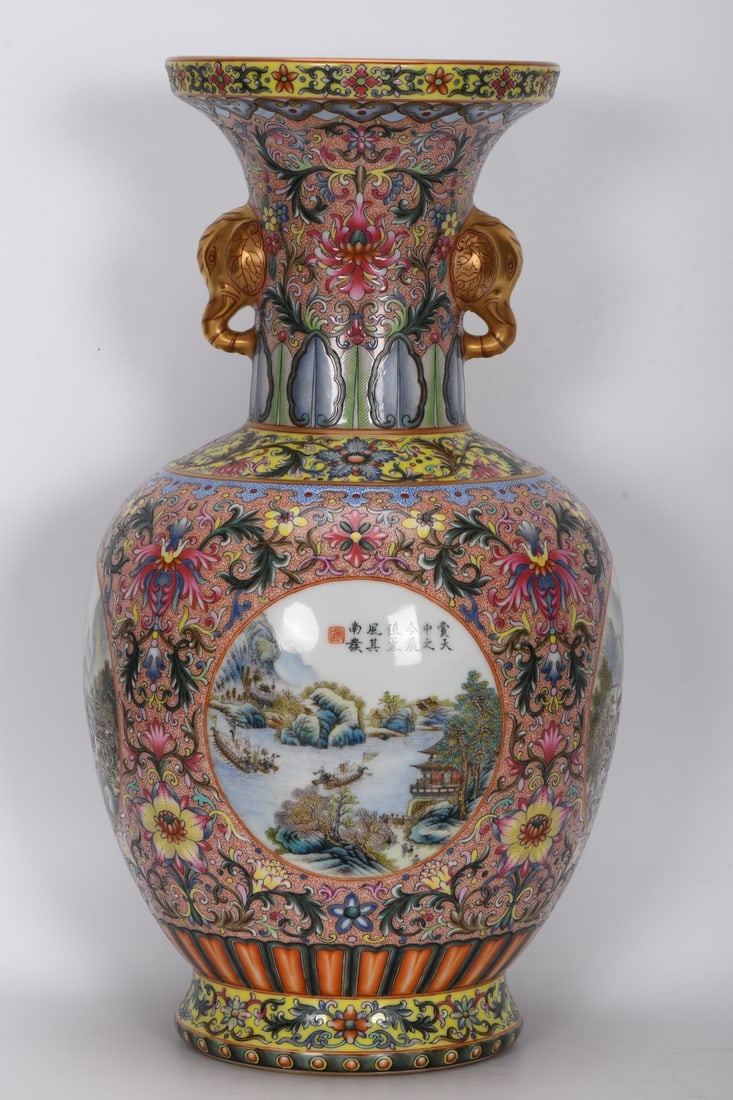 A Exquisite Enamel Landscape Pattern Elephant Ears Vase: A Exquisite Enamel Landscape Pattern Elephant Ears Vase,Qing Dynasty, China,Qianlong Four-character Mark,Size:16inx6.4inx8.9inx5.3in