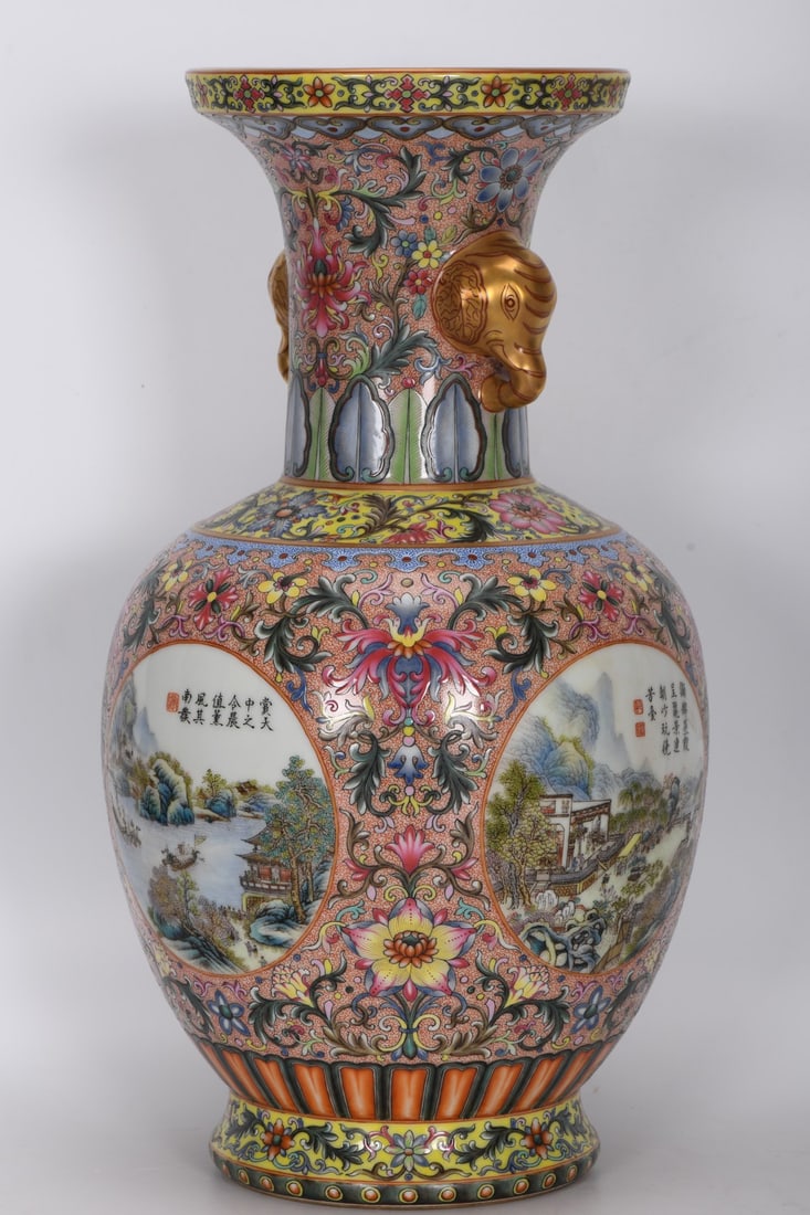 A Exquisite Enamel Landscape Pattern Elephant Ears Vase - 2
