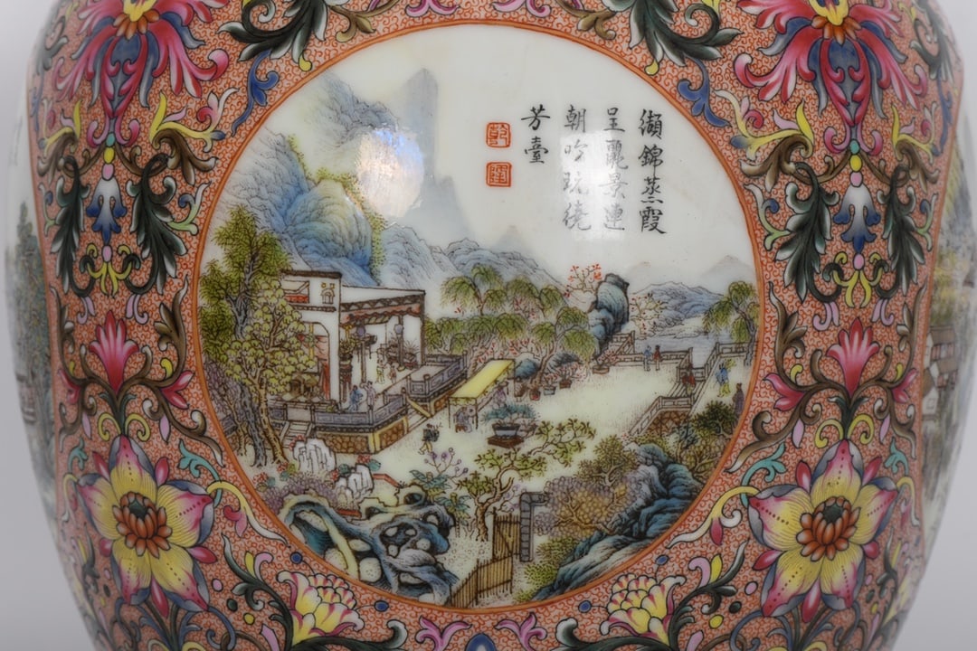 A Exquisite Enamel Landscape Pattern Elephant Ears Vase - 4