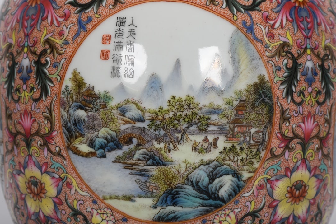 A Exquisite Enamel Landscape Pattern Elephant Ears Vase - 6