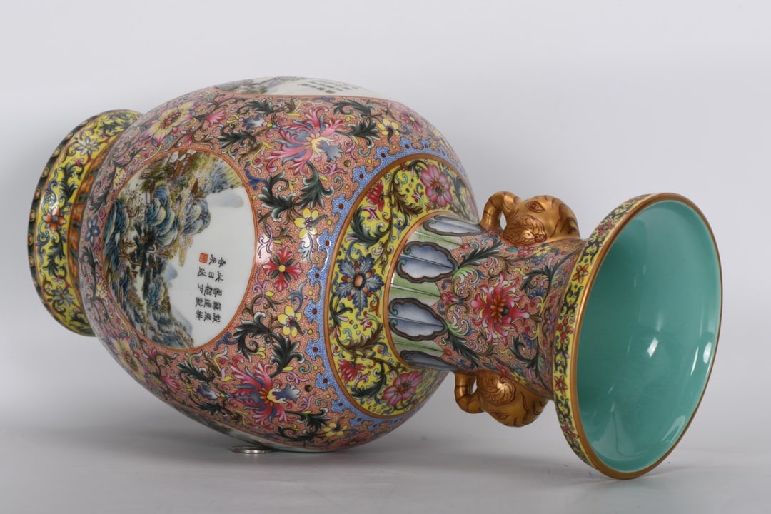 A Exquisite Enamel Landscape Pattern Elephant Ears Vase - 8