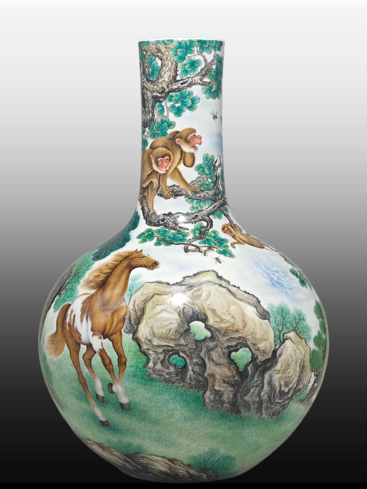 A Exquisite Famille-Rose Horse Pattern Vase: A Exquisite Famille-Rose Horse Pattern Vase,Qing Dynasty, China,Qianlong Six-character Mark,Size:23.2inx15.7in 粉彩马纹瓶,中国清代,乾隆