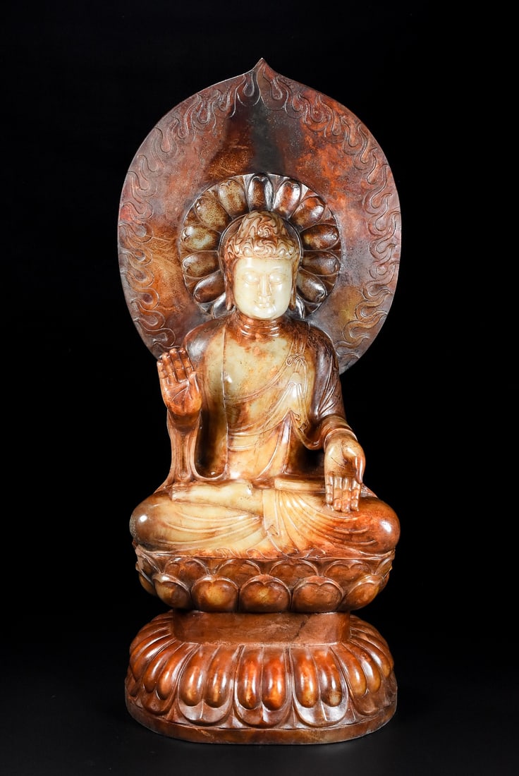 A Exquisite Hotan Jade Buddha statue Ornament: A Exquisite Hotan Jade Buddha statue Ornament,Qing Dynasty, China,Size:11.8inx8.7inx26.8in,Weight:36000g 和田玉佛像摆件,中国清代