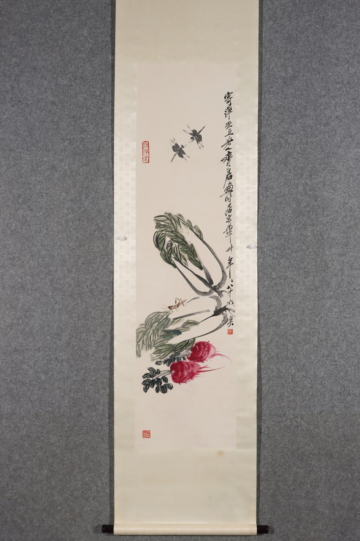 A Chinese Vertical Scroll Ink Painting of Flower and Fruit on Paper: A Chinese Vertical Scroll Ink Painting of Flower and Fruit on Paper,Modern Time of China,Qi Baishi,without frame size:53.9inx13.8in