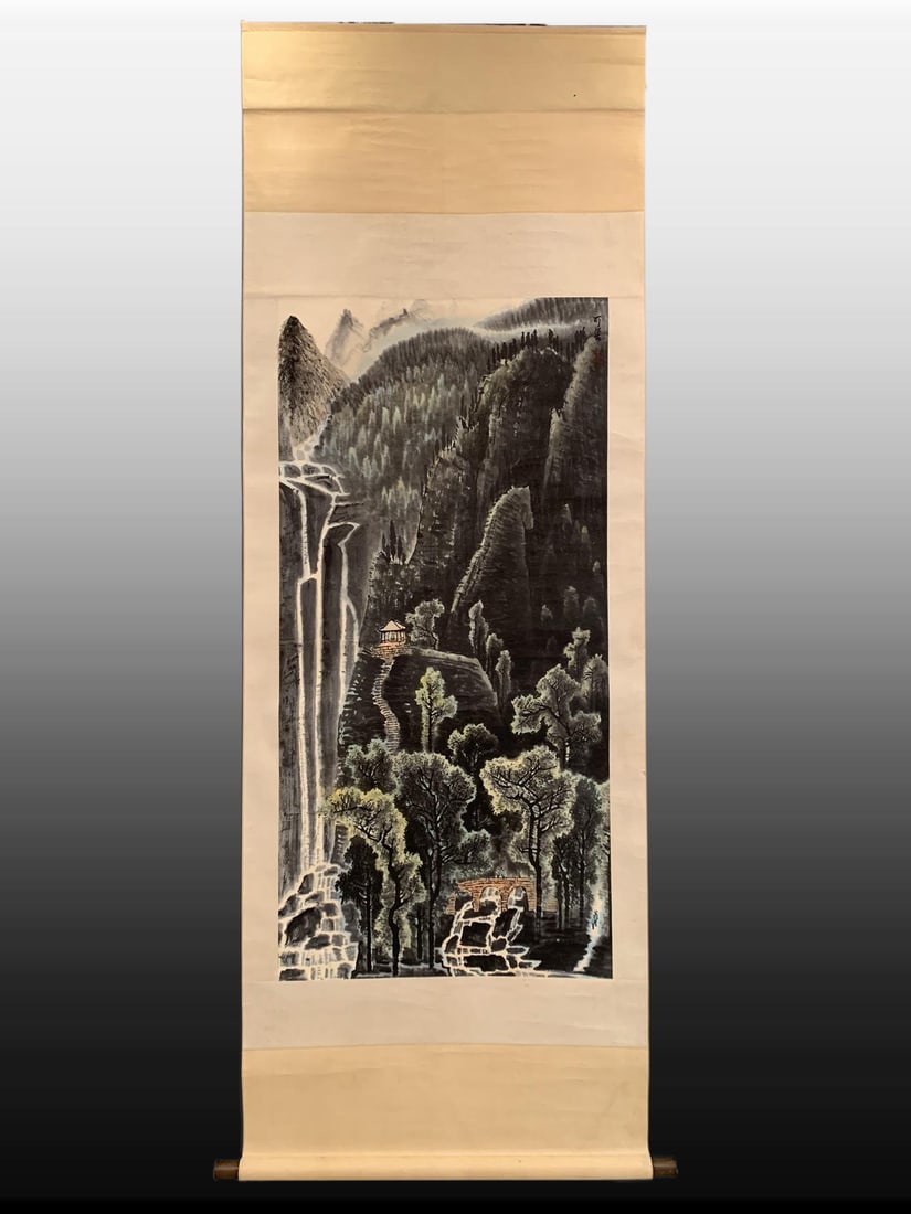 A Chinese Vertical Scroll Ink Painting of Landscape on Paper: A Chinese Vertical Scroll Ink Painting of Landscape on Paper,Modern Time of China,Li Keran,without frame size:27.6inx55.1in