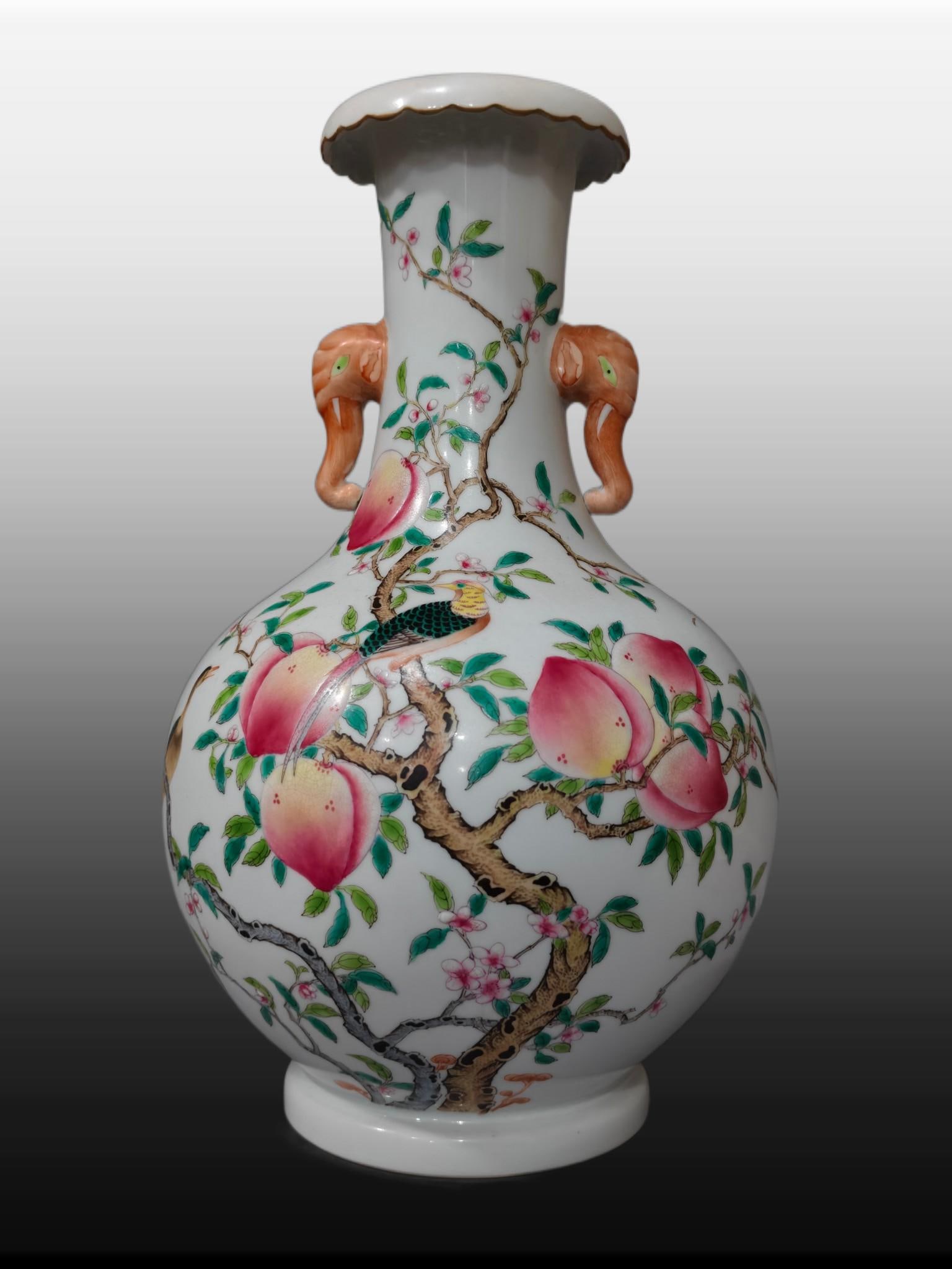 A Exquisite Famille-Rose Peach Pattern Double-Ears Vase: A Exquisite Famille-Rose Peach Pattern Double-Ears Vase,Qing Dynasty, China,Qianlong Six-character Mark,Size:13.8inx7.9inx4.3in