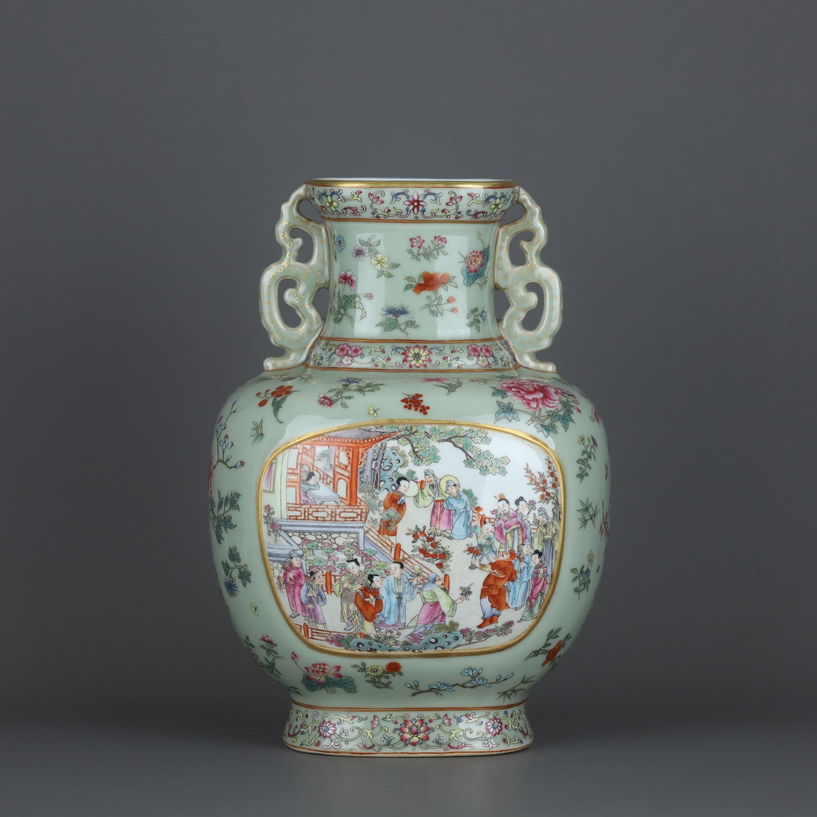 A Exquisite Pea Green Glaze Famille Rose Flower Figure Pattern Double Ears Vase: A Exquisite Pea Green Glaze Famille Rose Flower Figure Pattern Double Ears Vase,Qing Dynasty, China,Qianlong Six-character Mark,Size:11.4inx8.1in