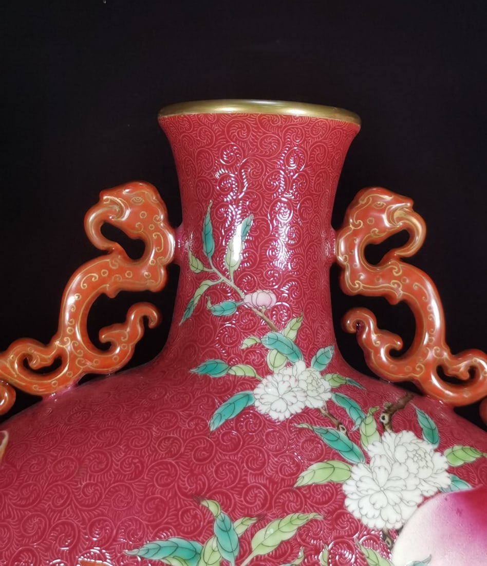 A Exquisite Ruby Red-Glazed Bats and Peach Pattern Vase - 4